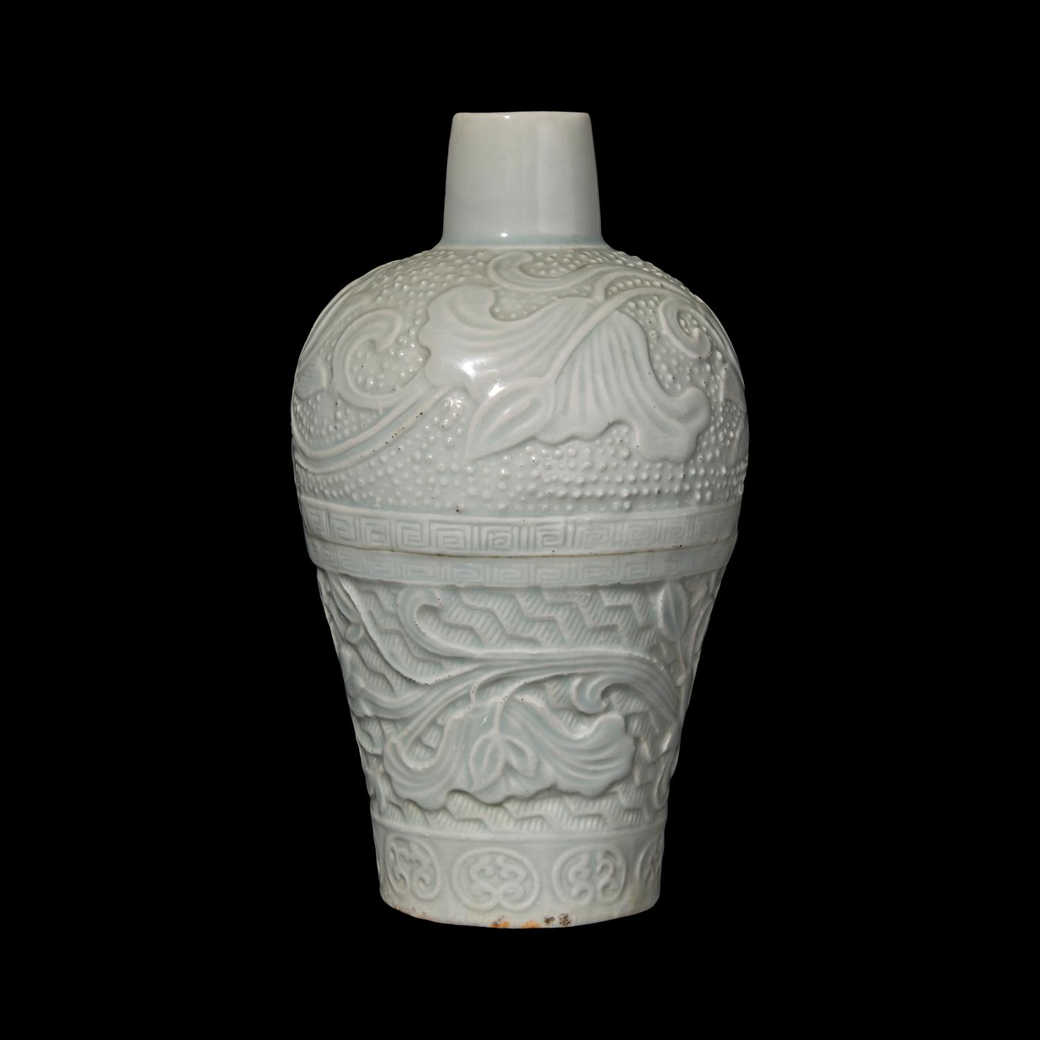 A Chinese Molded Qingbai Style Vase, Meiping 青白釉刻蓮紋梅瓶