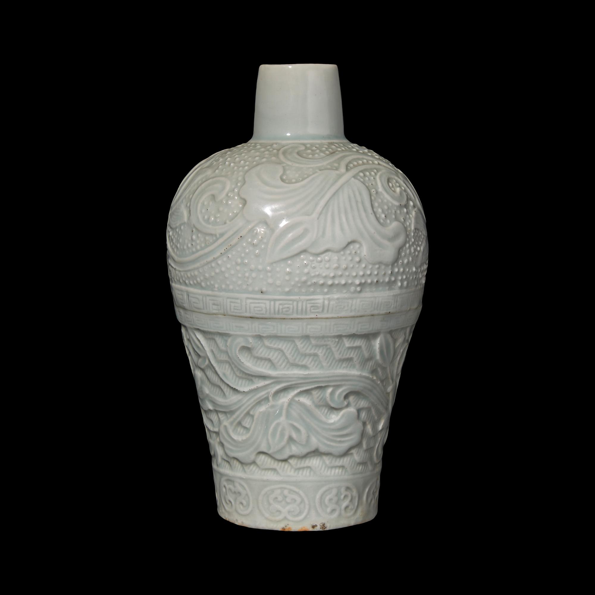 A Chinese Molded Qingbai Style Vase, Meiping 青白釉刻蓮紋梅瓶