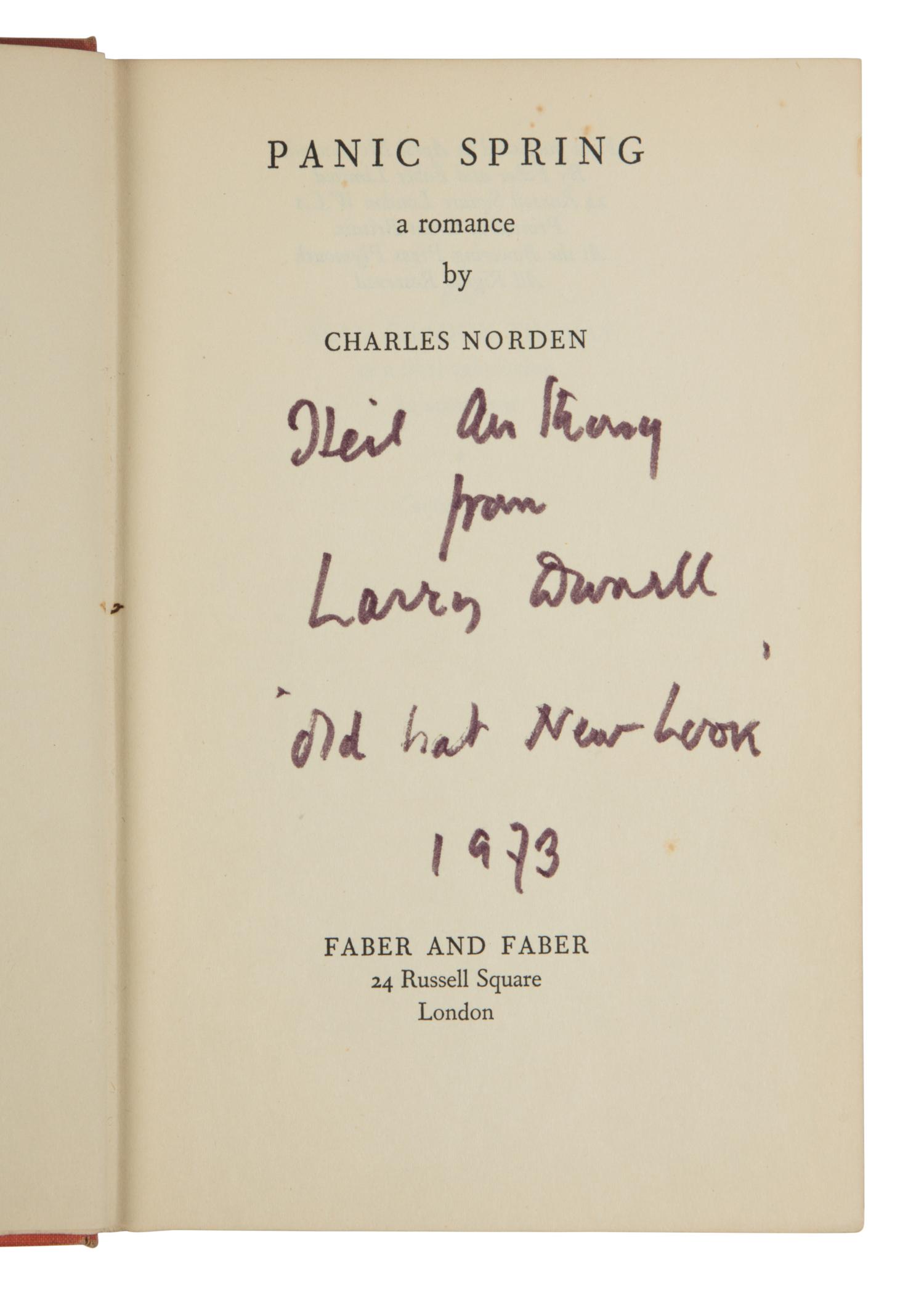 DURRELL, Lawrence (1912-1990). ("Charles Norden"). Panic Spring . London: Faber and Faber, 1937.