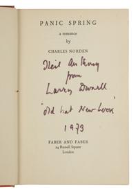 DURRELL, Lawrence (1912-1990). ("Charles Norden"). Panic Spring . London: Faber and Faber, 1937.