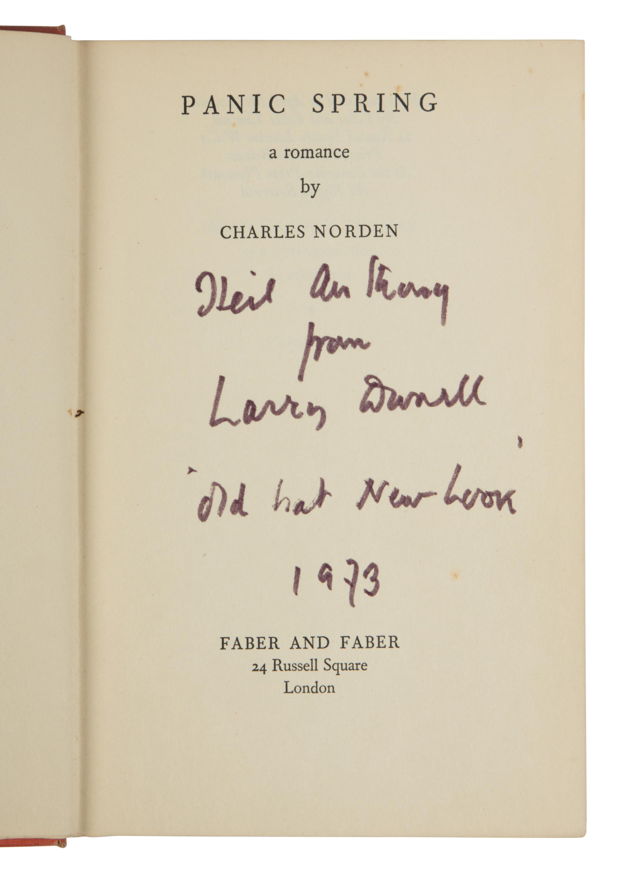 DURRELL, Lawrence (1912-1990). ("Charles Norden"). Panic Spring . London: Faber and Faber, 1937.