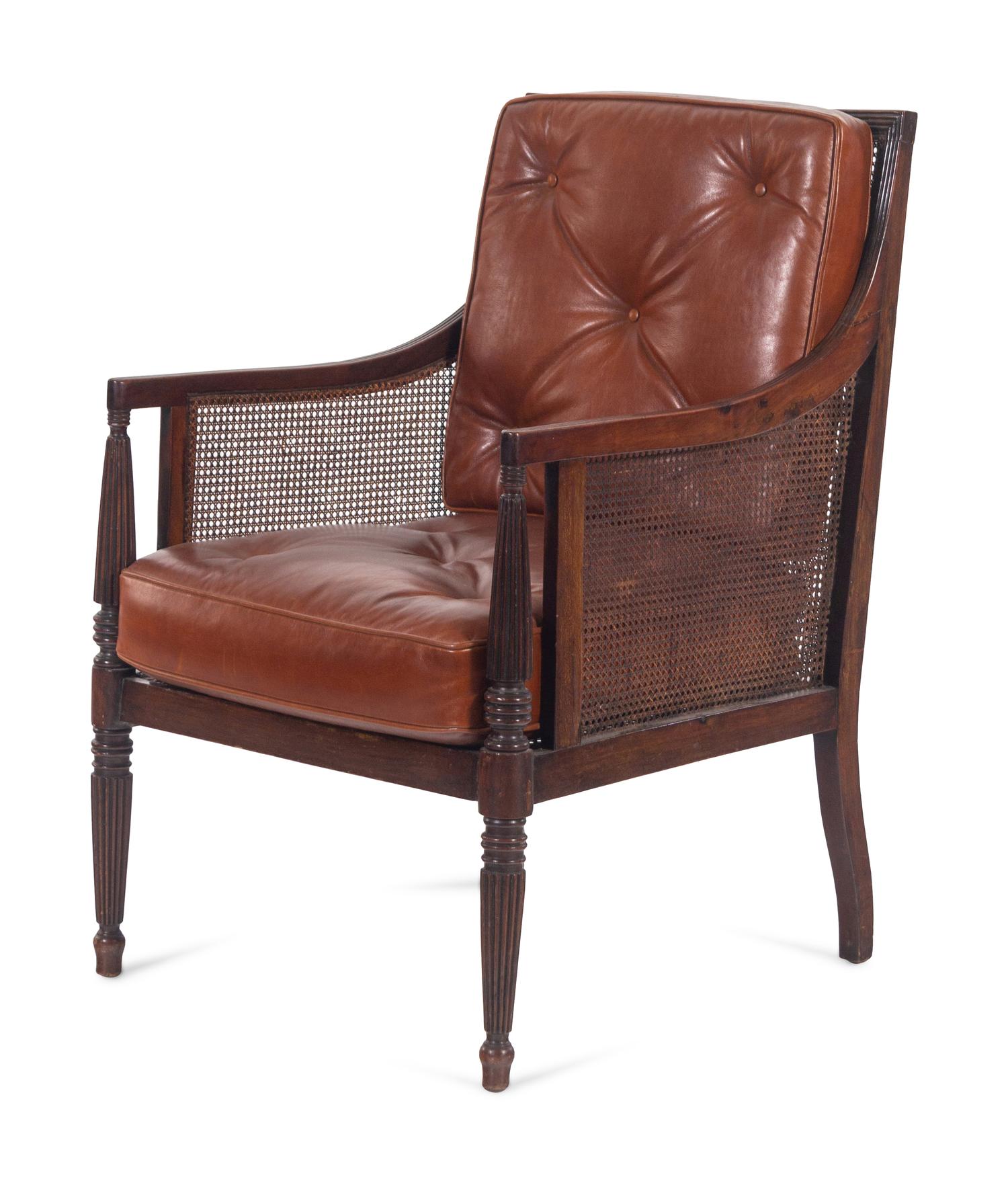 A William IV Style Mahogany Cane-and-Leather Upholstered Armchair