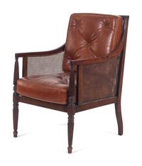 A William IV Style Mahogany Cane-and-Leather Upholstered Armchair