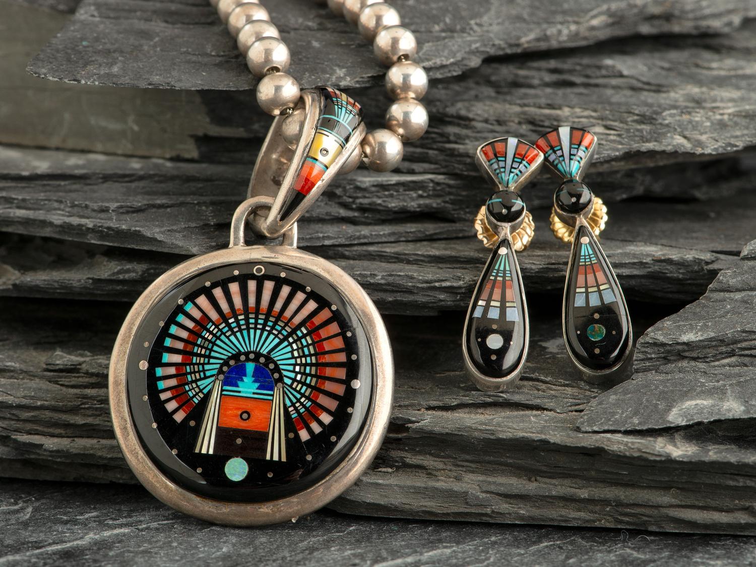 Sterling Silver and Micro Mosaic Inlay Necklace and Earring Set