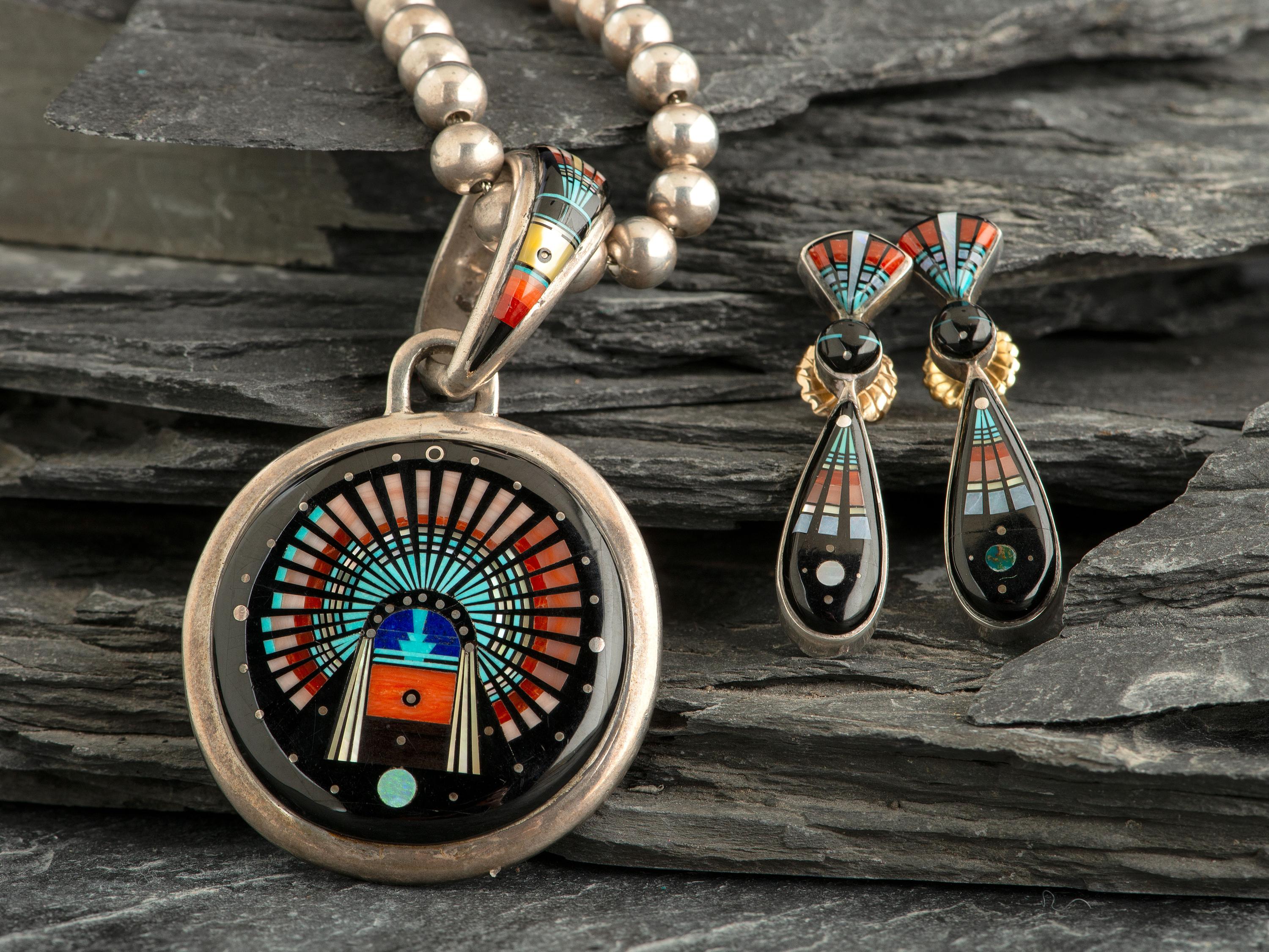 Sterling Silver and Micro Mosaic Inlay Necklace and Earring Set
