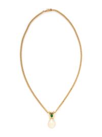 YELLOW GOLD, CULTURED PEARL, AND EMERALD NECKLACE