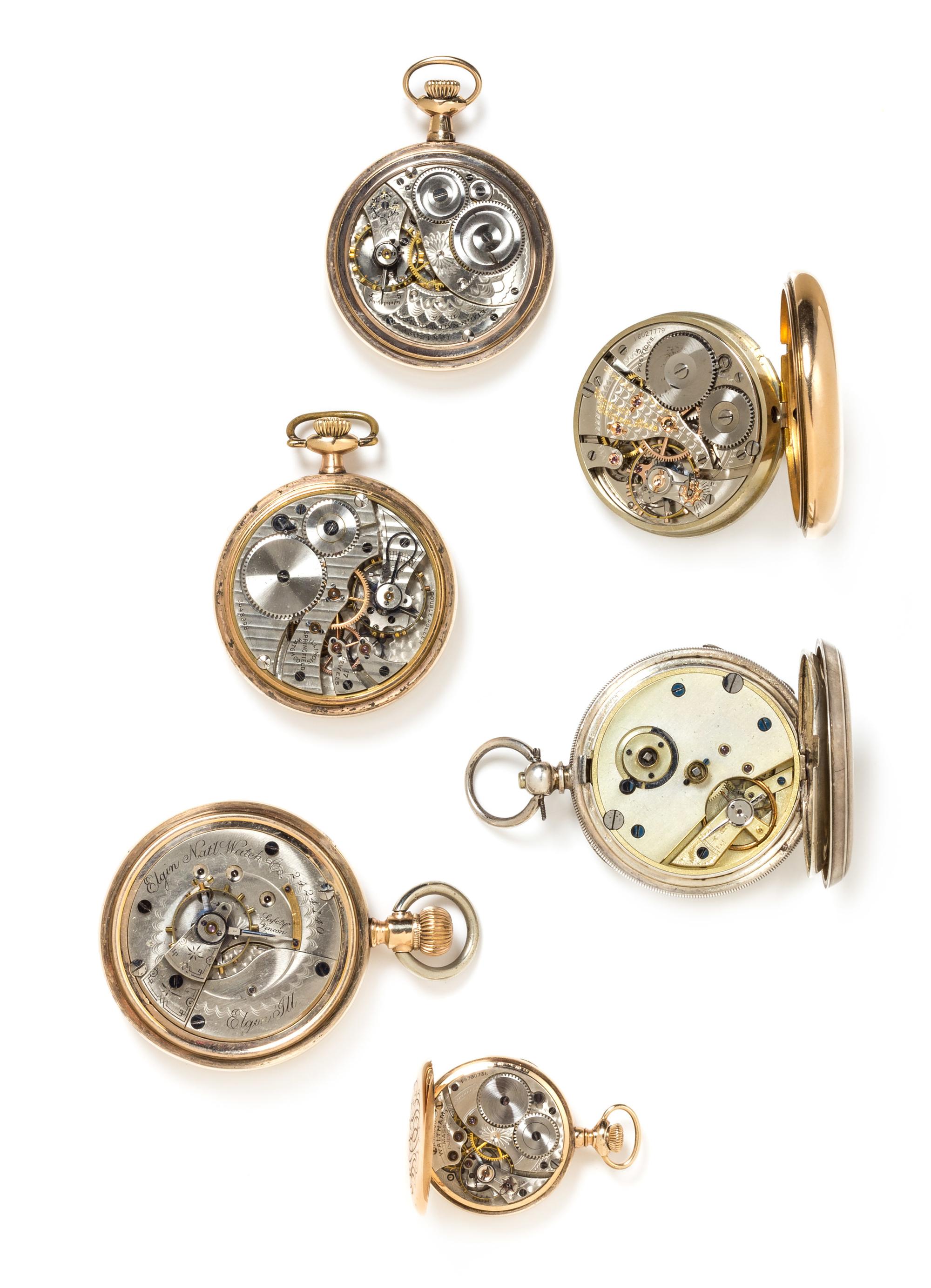 A Collection of Gold Filled and Silver Open Face Pocket Watches, Waltham, Elgin and Illinois, 326.00 dwts.