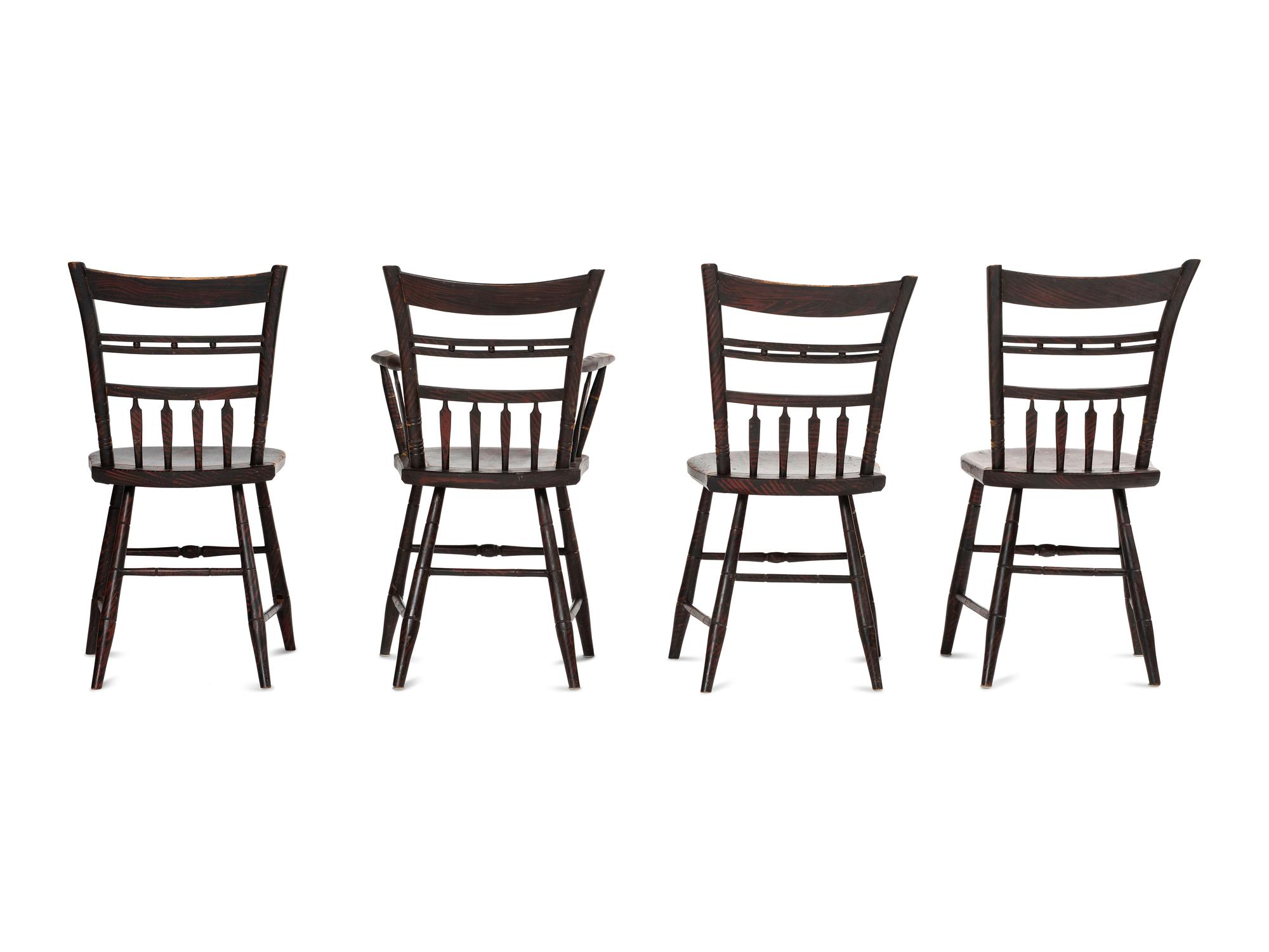 A Set of Four Classical Grain Painted and Flower Decorated Bamboo Turned Dining Chairs