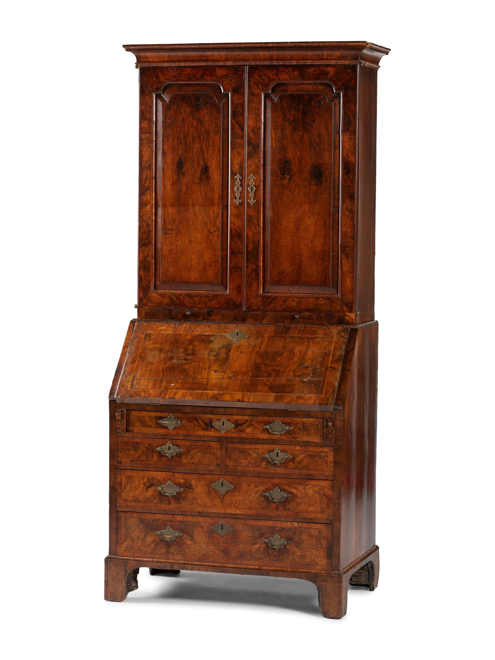 A George II Burl Walnut Slant Front Secretary Bookcase