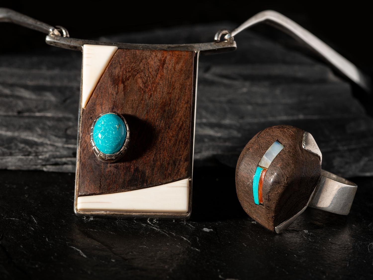 Silver Necklace and Ring, with Inlay