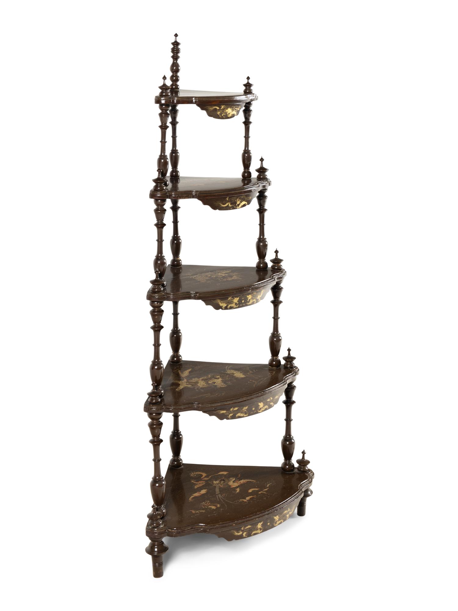 An English Gilt-Japanned Corner Etagere