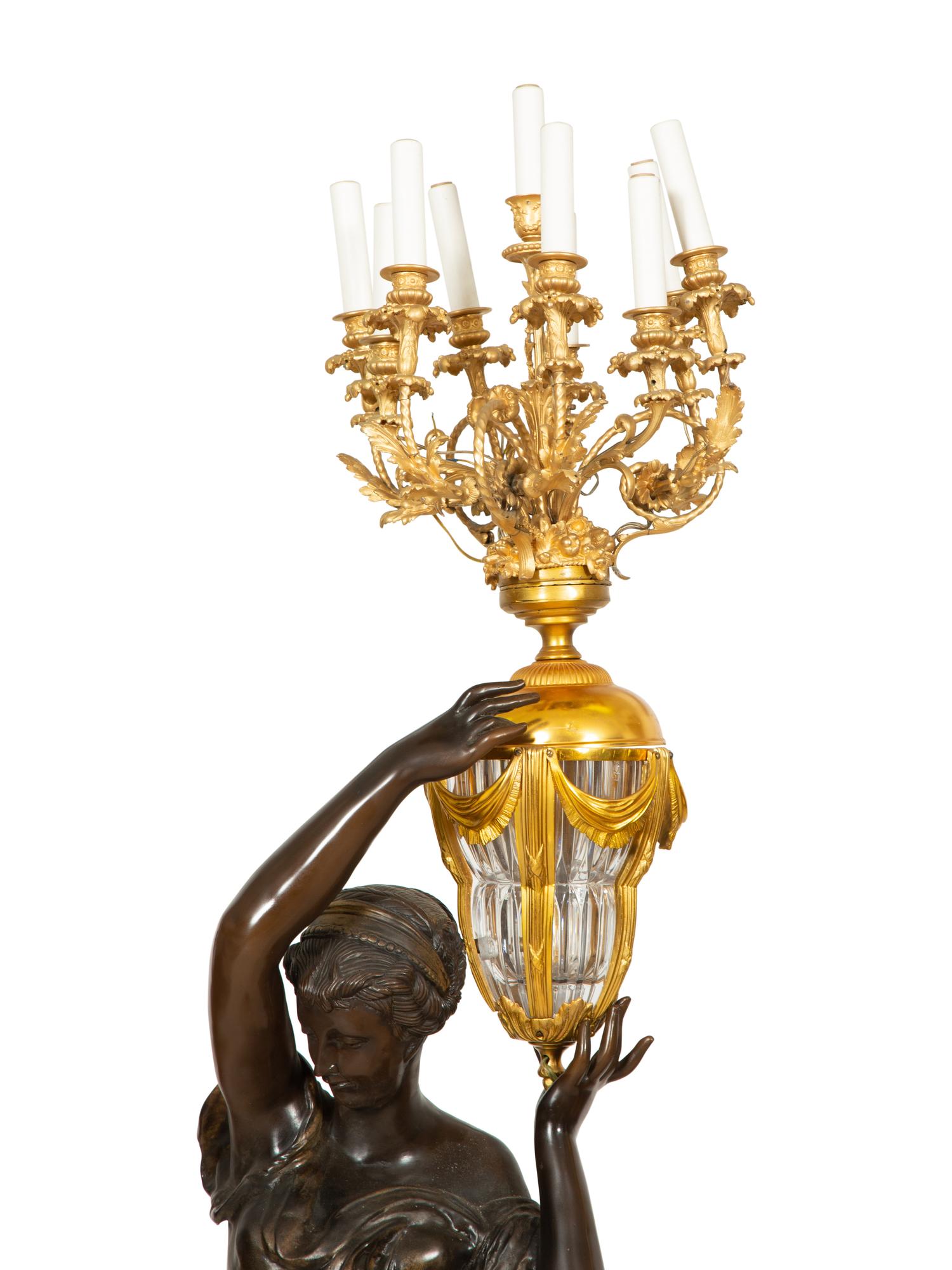A Pair of French Gilt and Patinated Bronze Figural Nine-Light Torchères