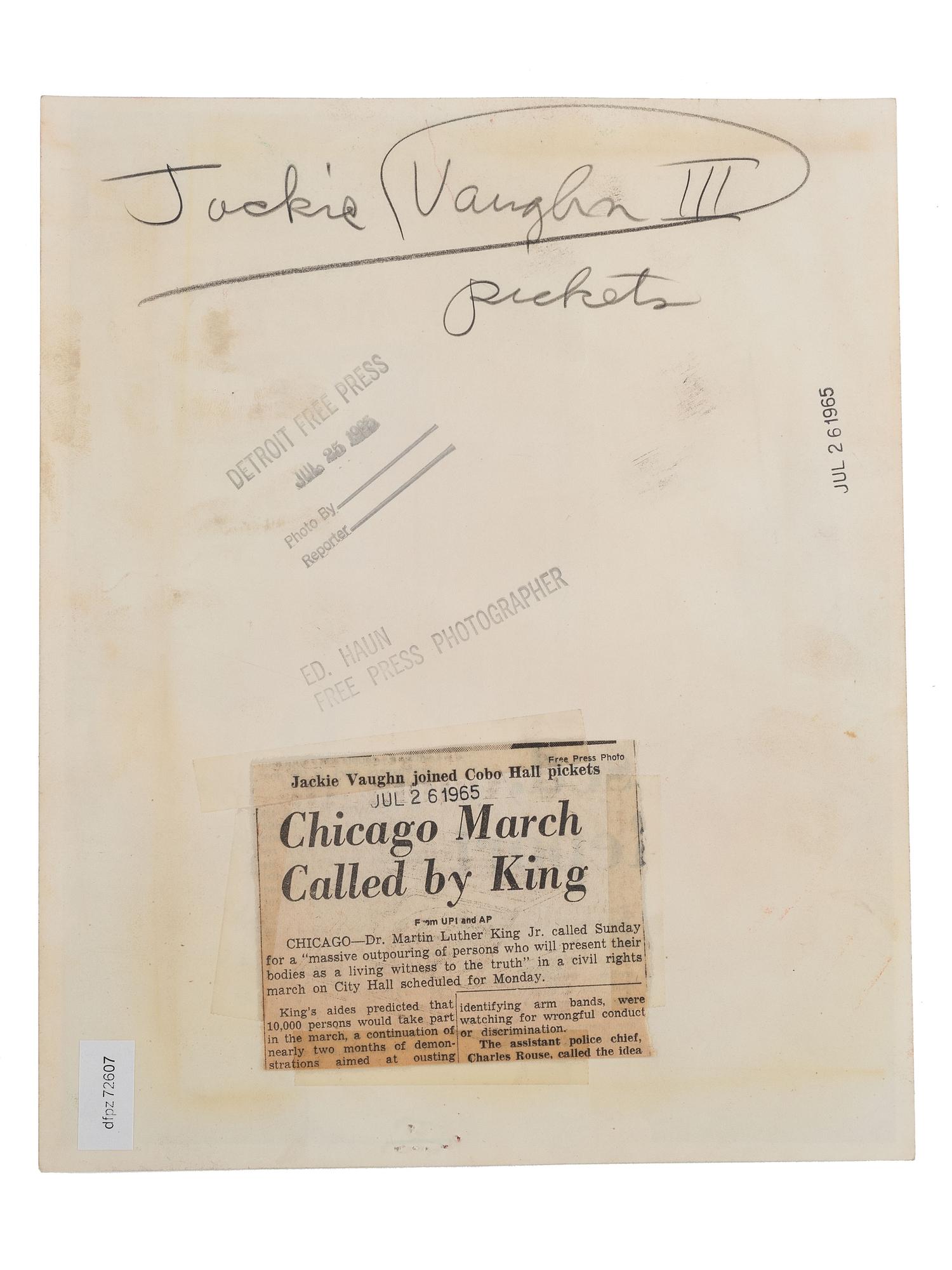 [CIVIL RIGHTS]. A group of 2 press photographs of Jackie Vaughn III and Ralph Abernathy, incl. Vaughn picketing at a July 1965 civil rights march in Chicago.