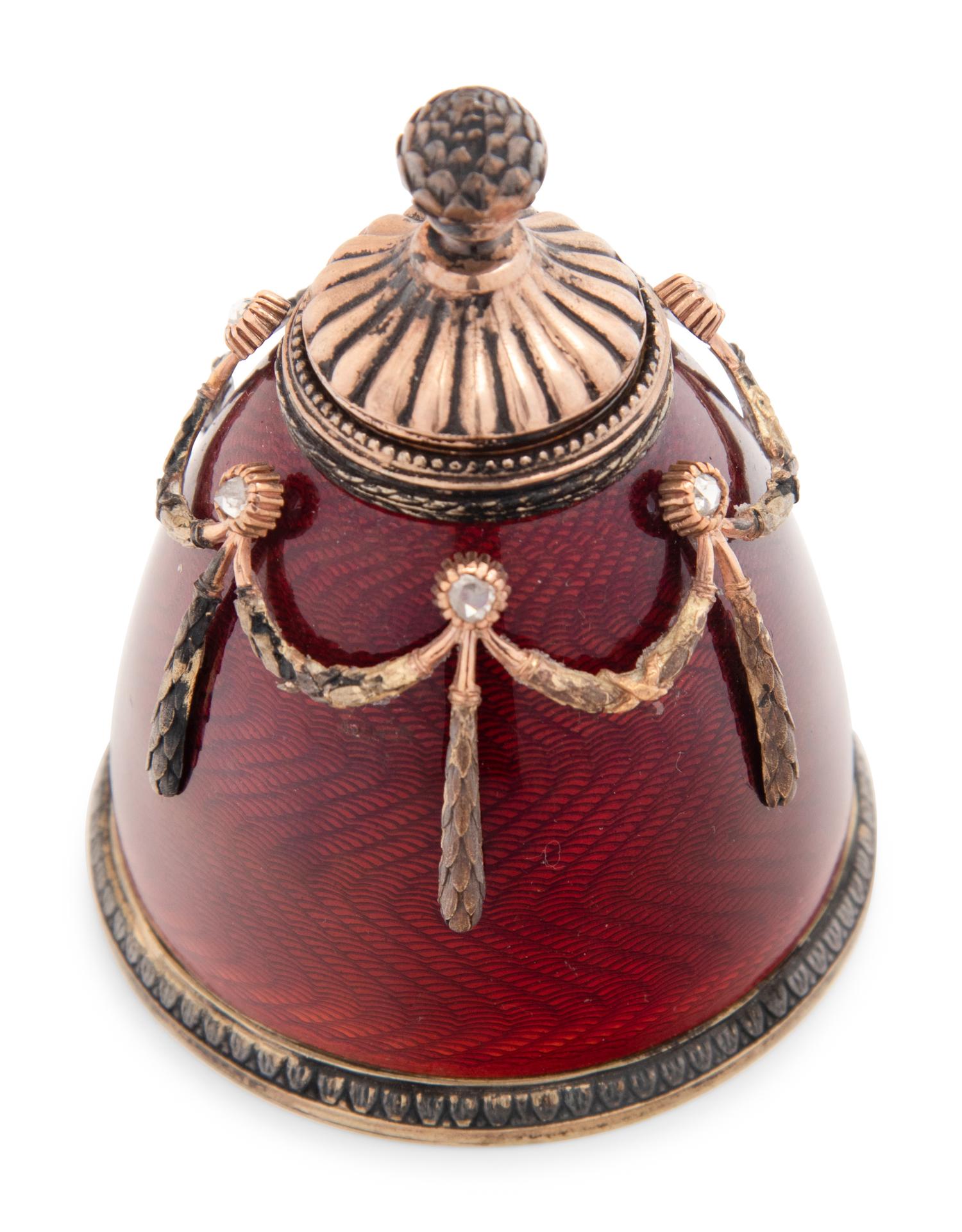 A Russian Silver, Diamond and Guilloché Enamel Perfume Bottle Attributed to Fabergé