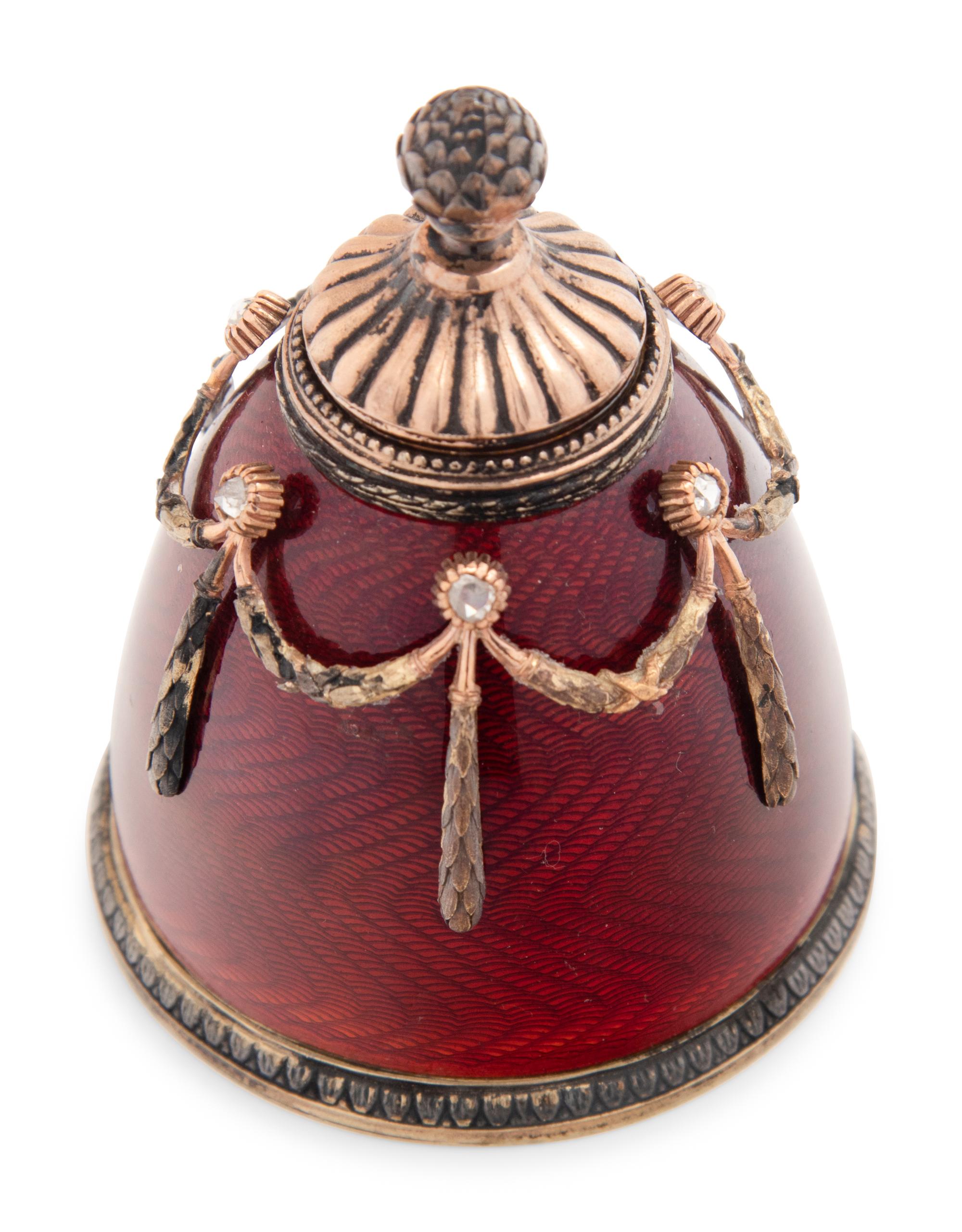 A Russian Silver, Diamond and Guilloché Enamel Perfume Bottle Attributed to Fabergé