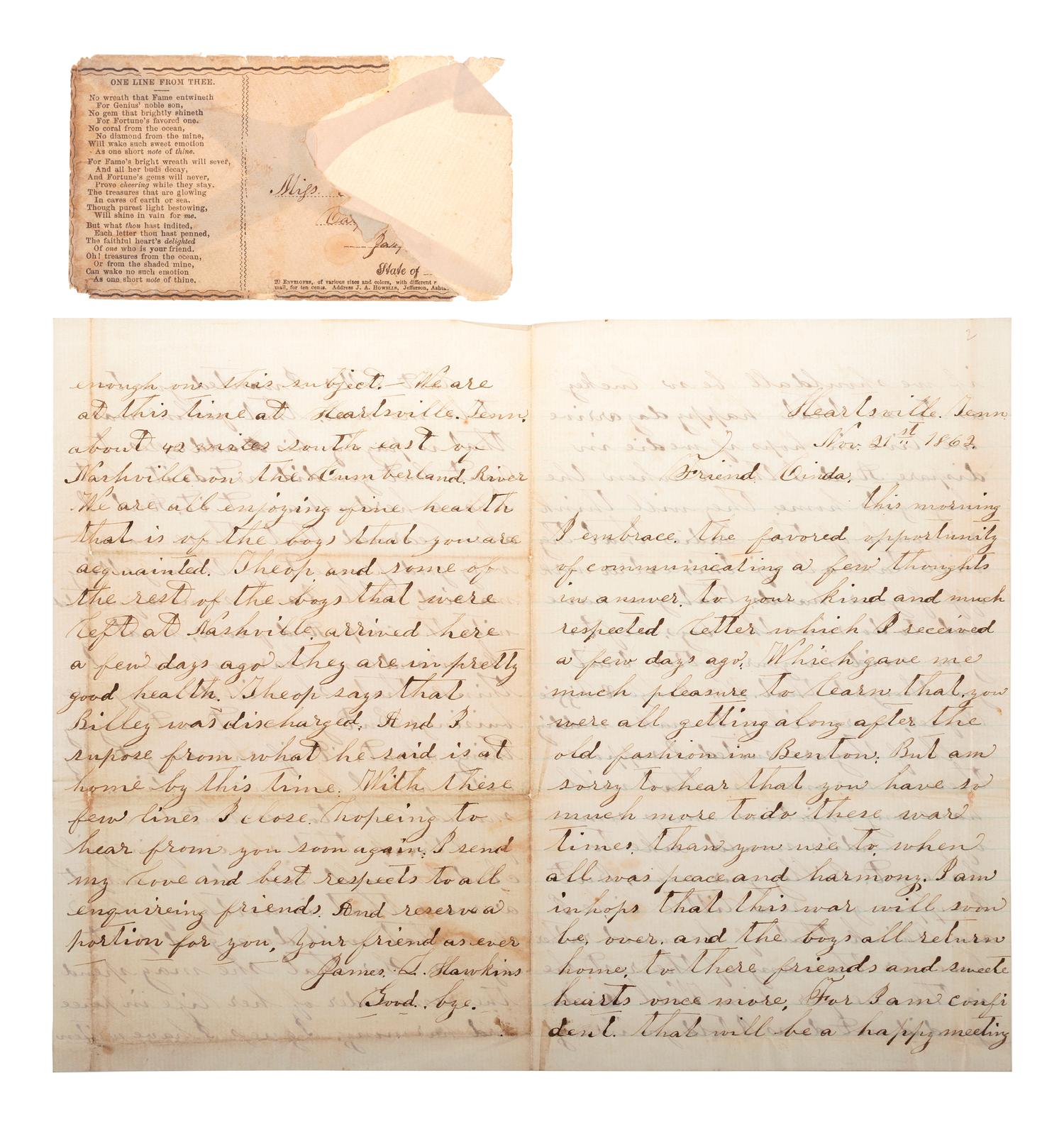 [CIVIL WAR]. Archive of 23 letters of James L. Hawkins, 10th Indiana Volunteers. September 1862-August 1864.