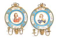A Pair of Gilt Bronze Mounted Sevres Style Porcelain Sconces Height of taller 13 7/8 inches.