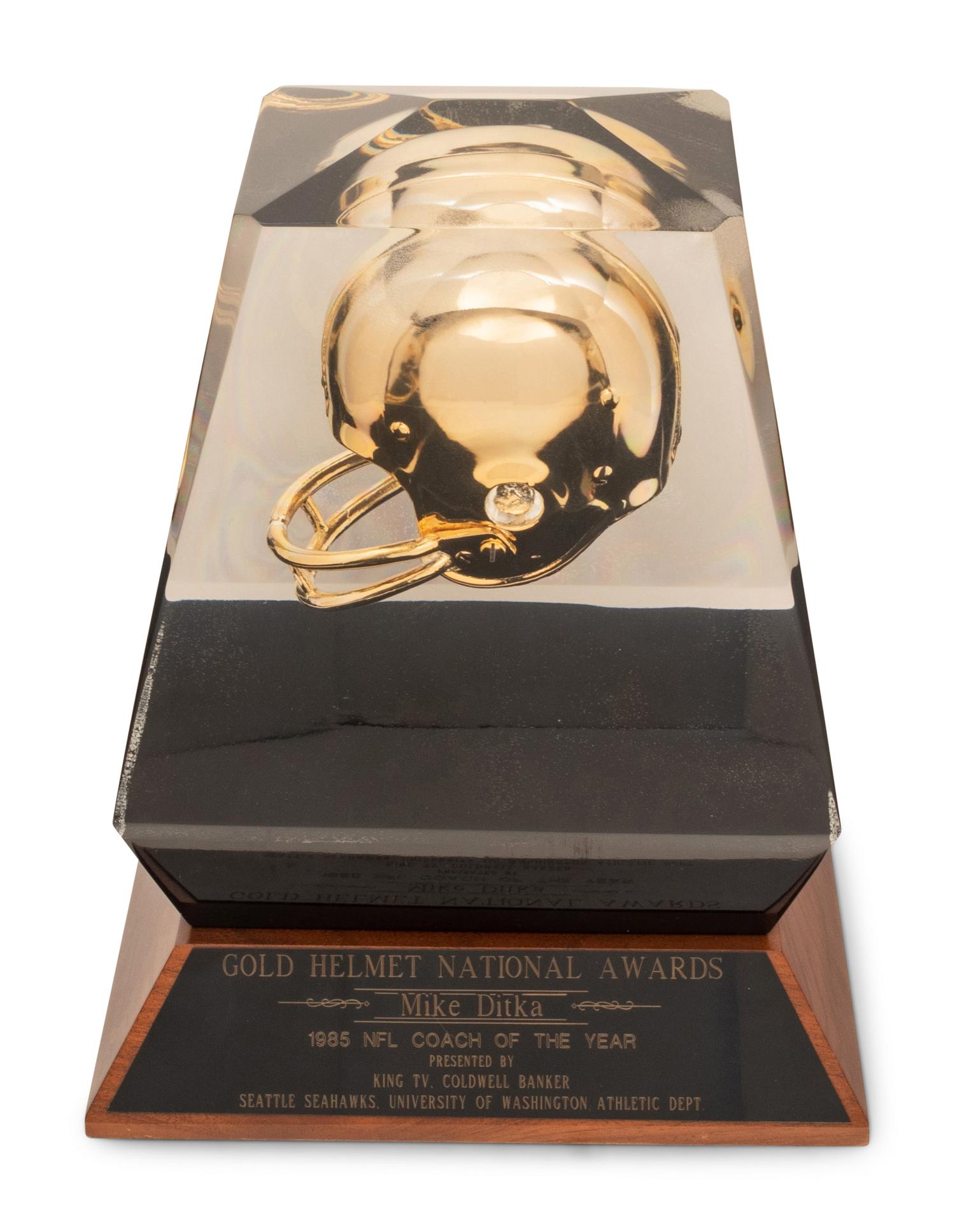 A 1985 Gold Helmet National Awards NFL Coach of the Year Award Trophy Presented to Mike Ditka Formerly Displayed at Mike Ditka's Restaurant