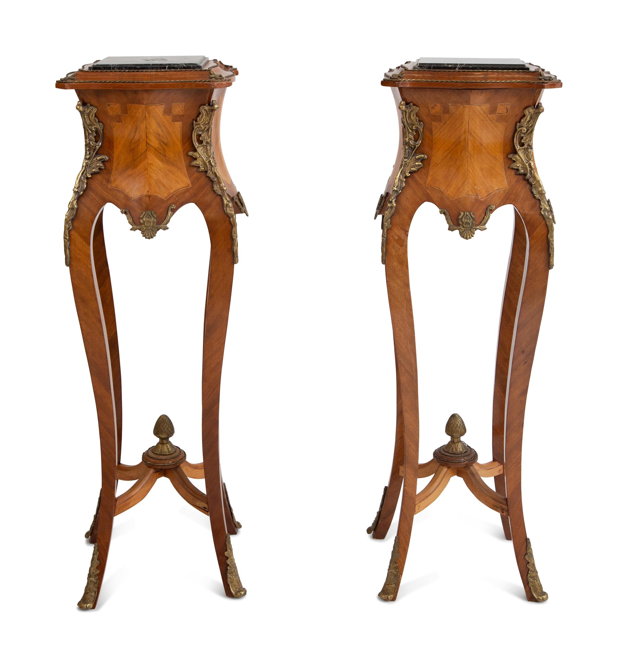 A Pair of Louis XV Style Gilt Metal Mounted Marble-Top Pedestals