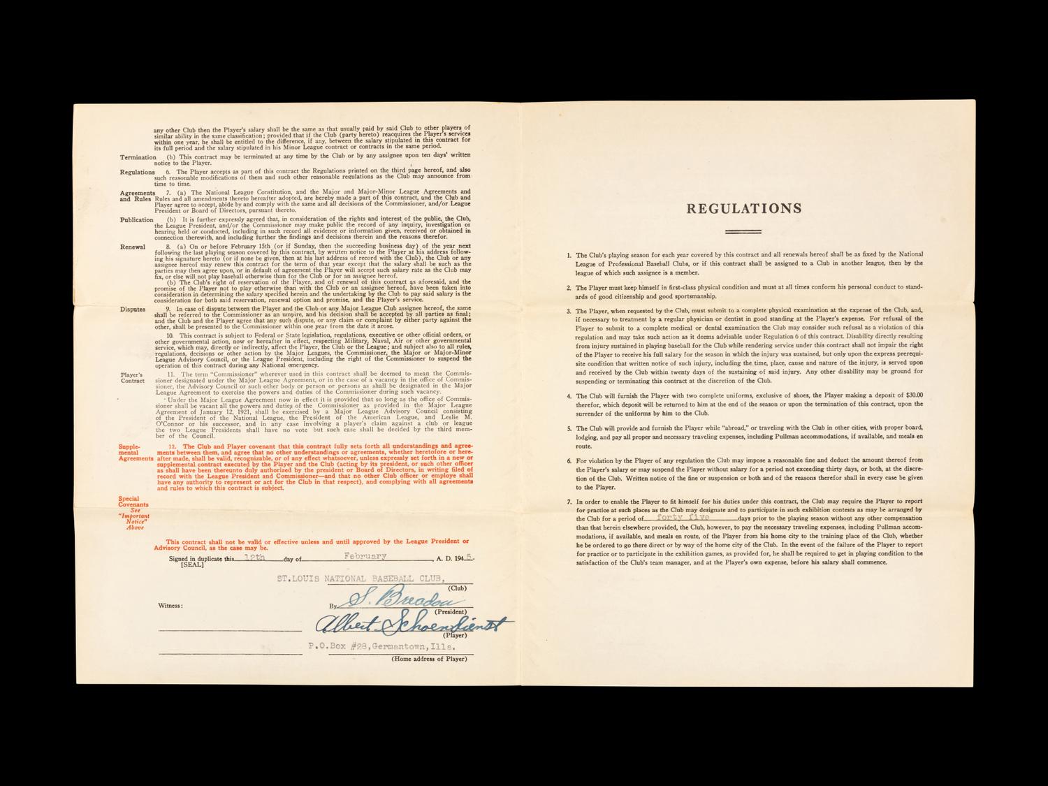 Red Schoendienst's 1945 Rookie St. Louis Cardinals Players Contract