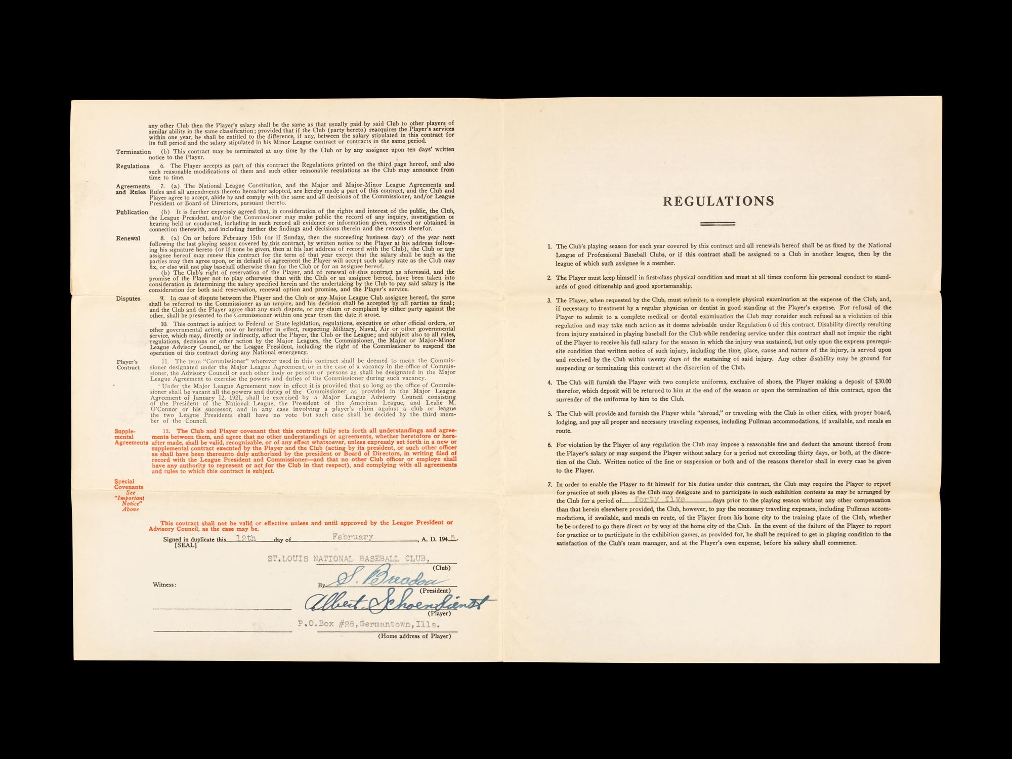 Red Schoendienst's 1945 Rookie St. Louis Cardinals Players Contract