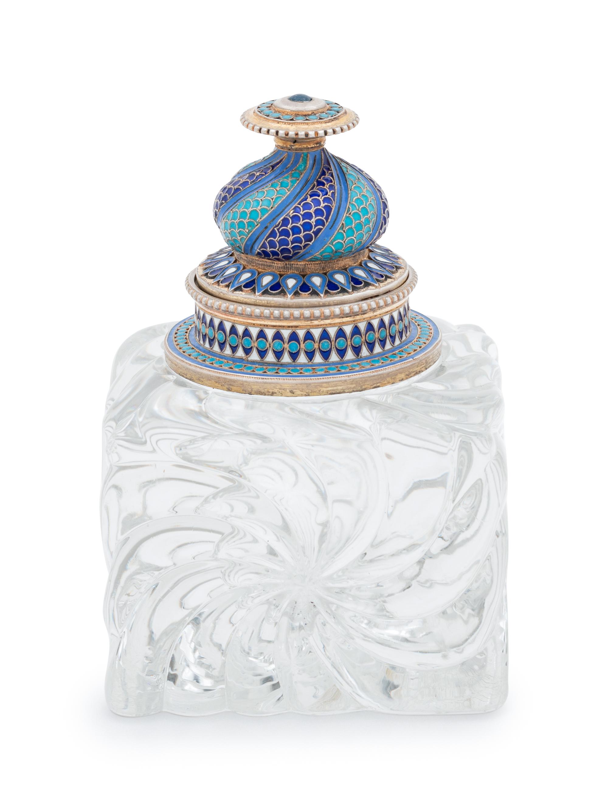 A Russian Silver and Enameled Cut Glass Inkwell
