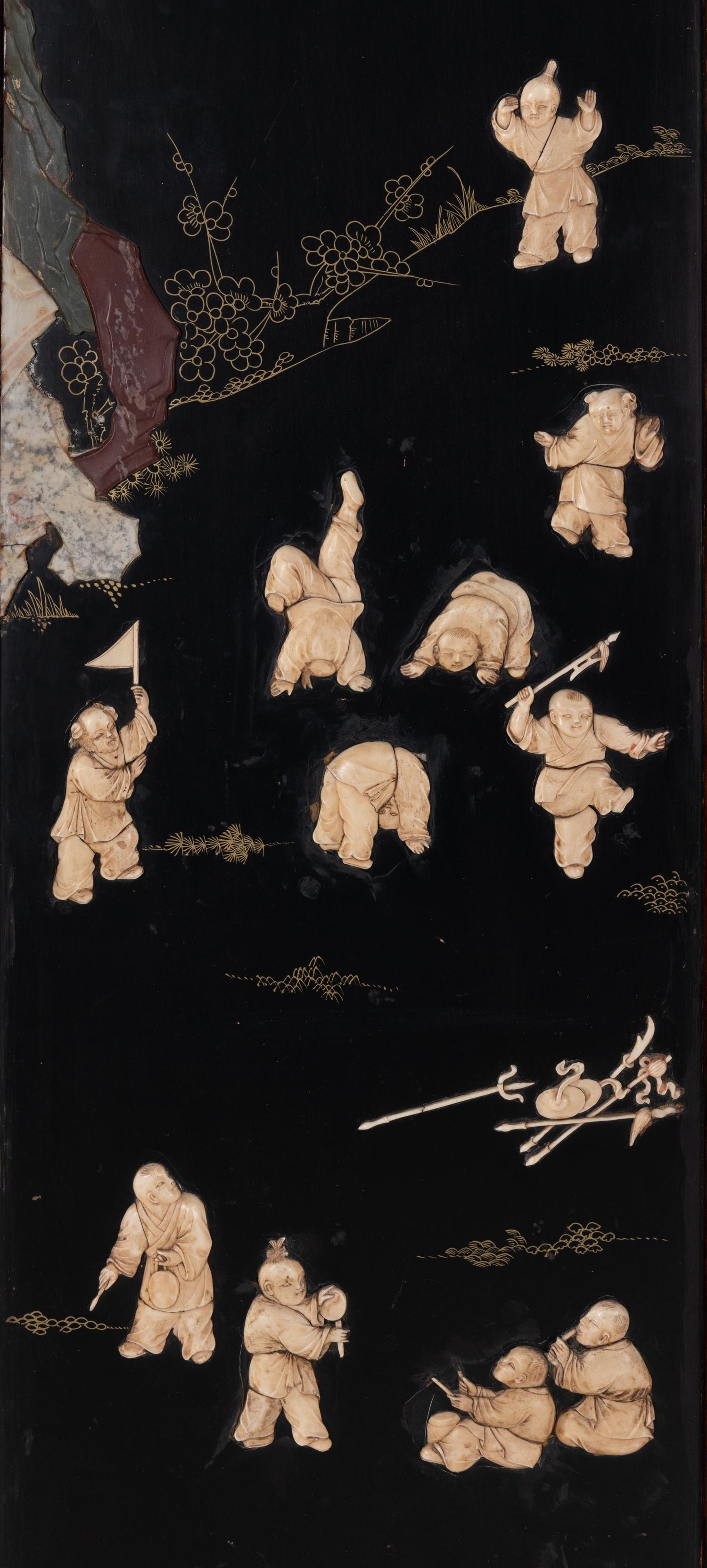 A Chinese Bone and Hardstone Inset Six-Panel Floor Screen