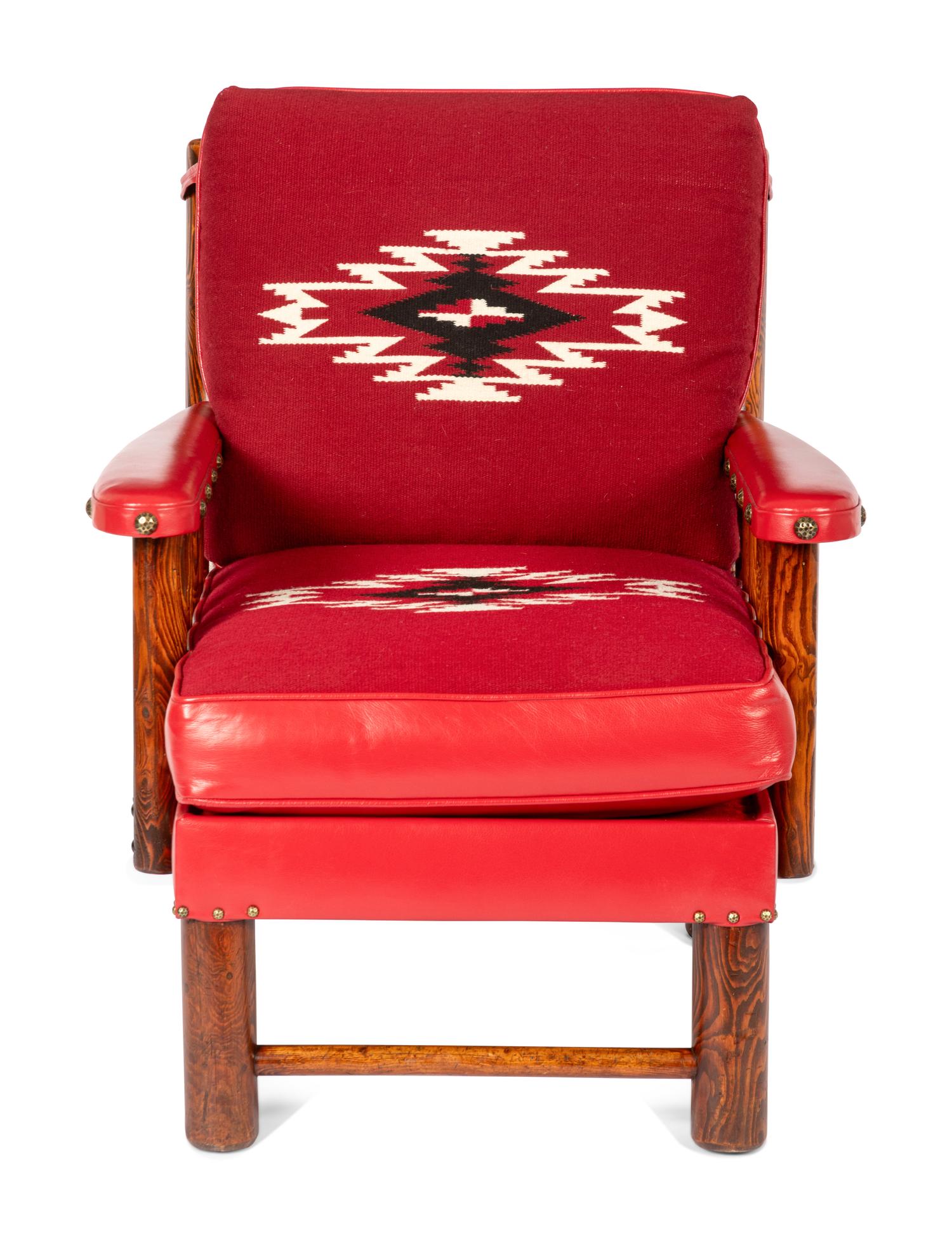 Spindle Sided Armchair with leather and Chimayo Weavings with matching ottoman