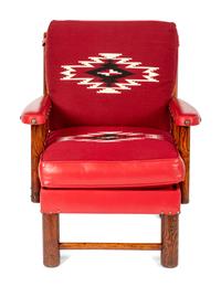 Spindle Sided Armchair with leather and Chimayo Weavings with matching ottoman