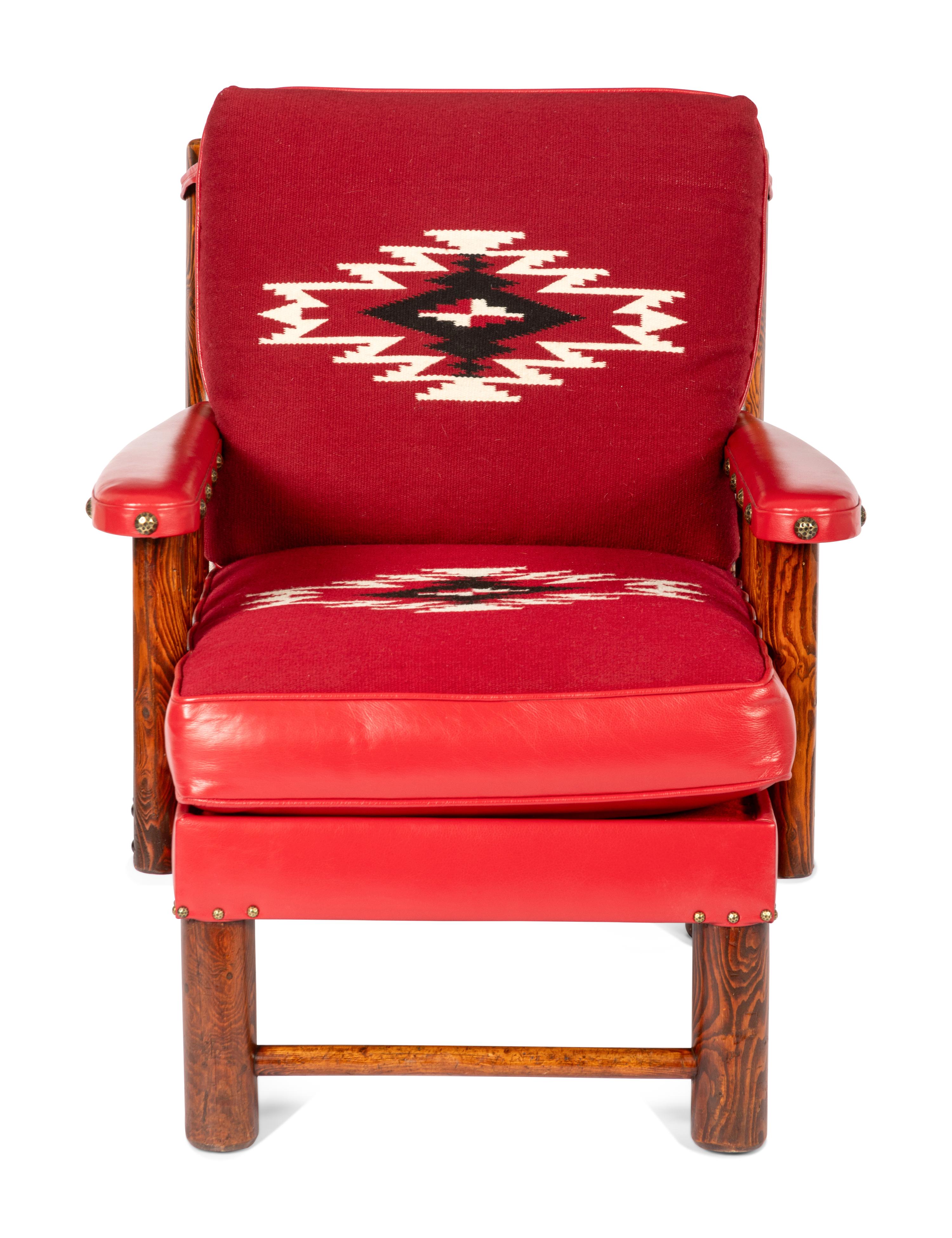 Spindle Sided Armchair with leather and Chimayo Weavings with matching ottoman