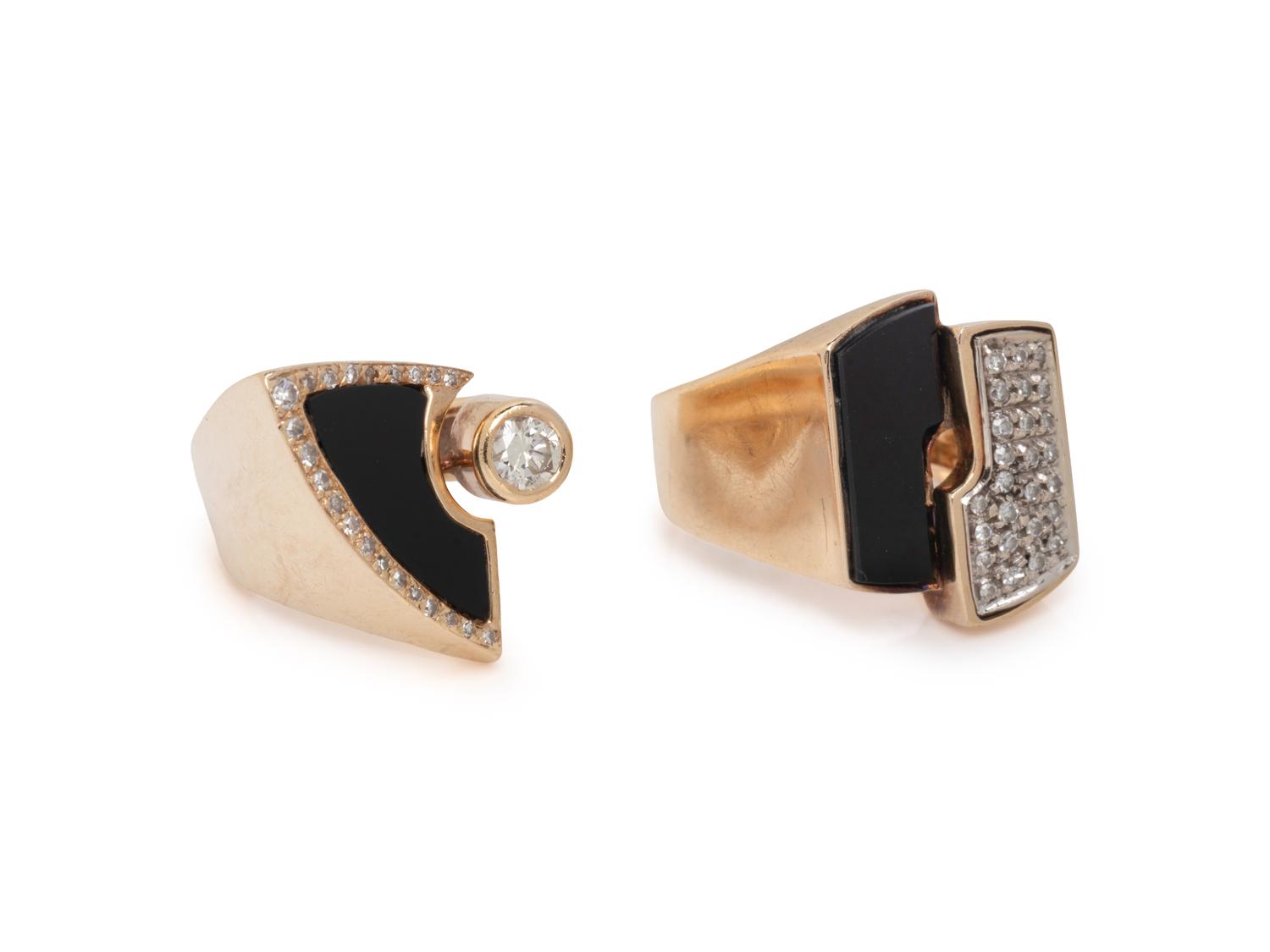 COLLECTION OF YELLOW GOLD, ONYX AND DIAMOND RINGS