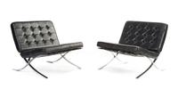 A Pair of Chrome and Leather Barcelona Chairs, after the design by Ludwig Mies Van der Rohe Height 28 1/2 x width 32 1/2 x depth 37 inc
