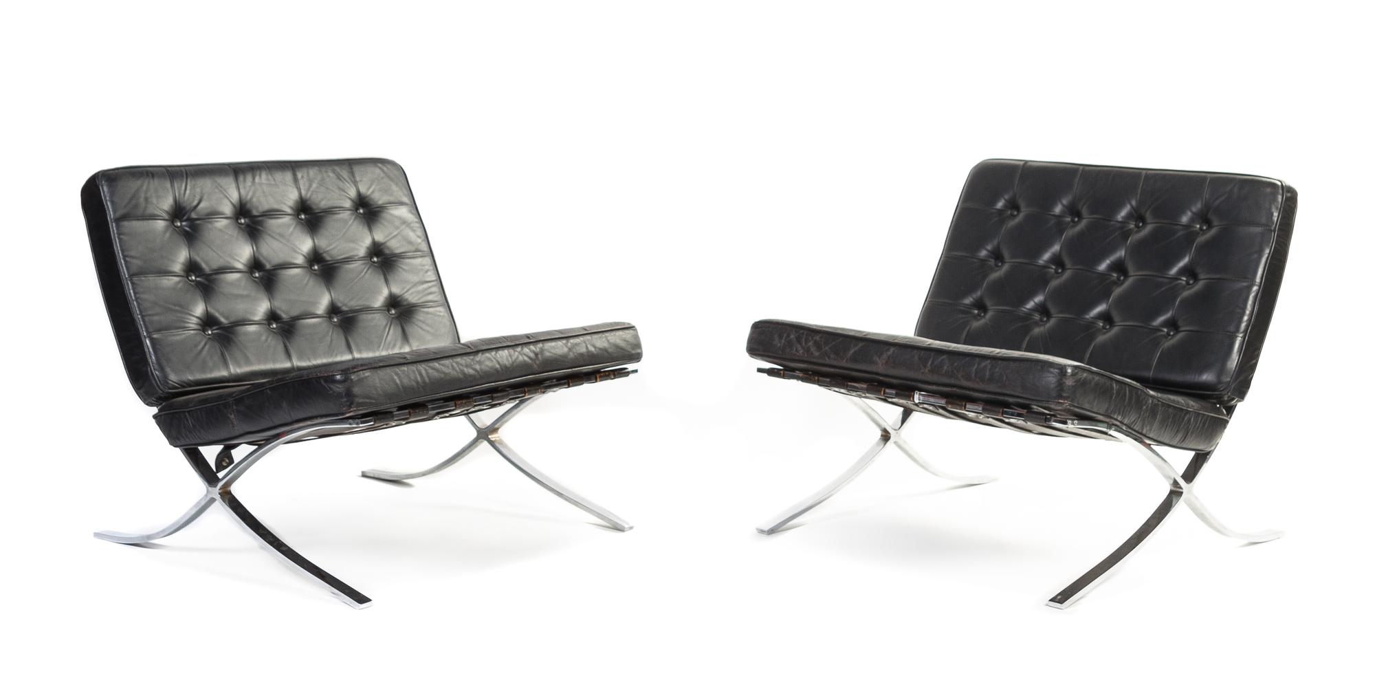 A Pair of Chrome and Leather Barcelona Chairs, after the design by Ludwig Mies Van der Rohe Height 28 1/2 x width 32 1/2 x depth 37 inc