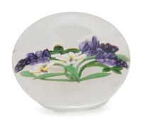 A Chris Buzzini Three Lavender Spears and Two White Flowers Glass Paperweight