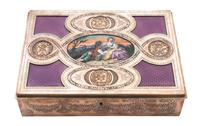 A French Silvered Bronze and Enameled Table Casket, Width 9 1/8 inches.