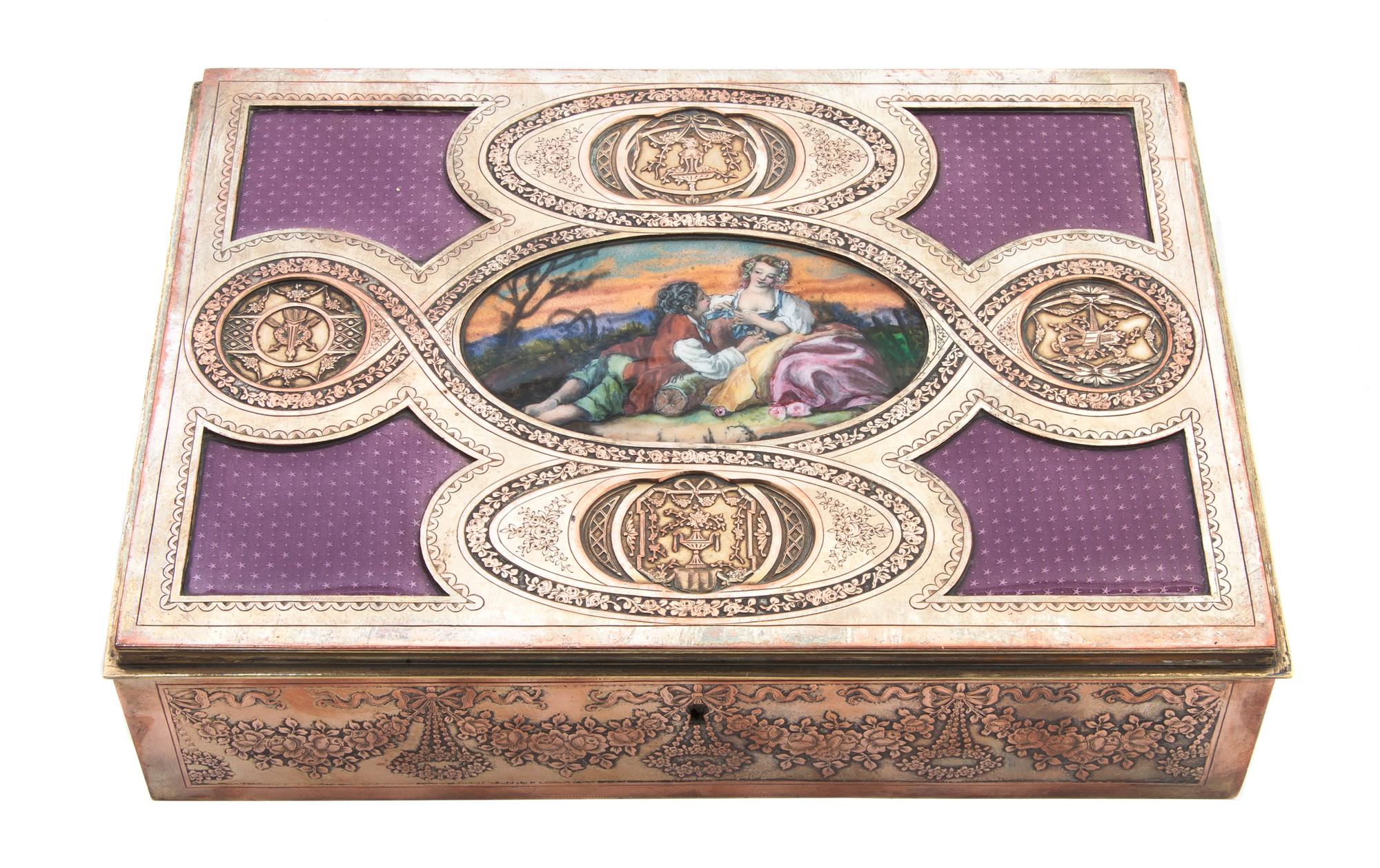 A French Silvered Bronze and Enameled Table Casket, Width 9 1/8 inches.