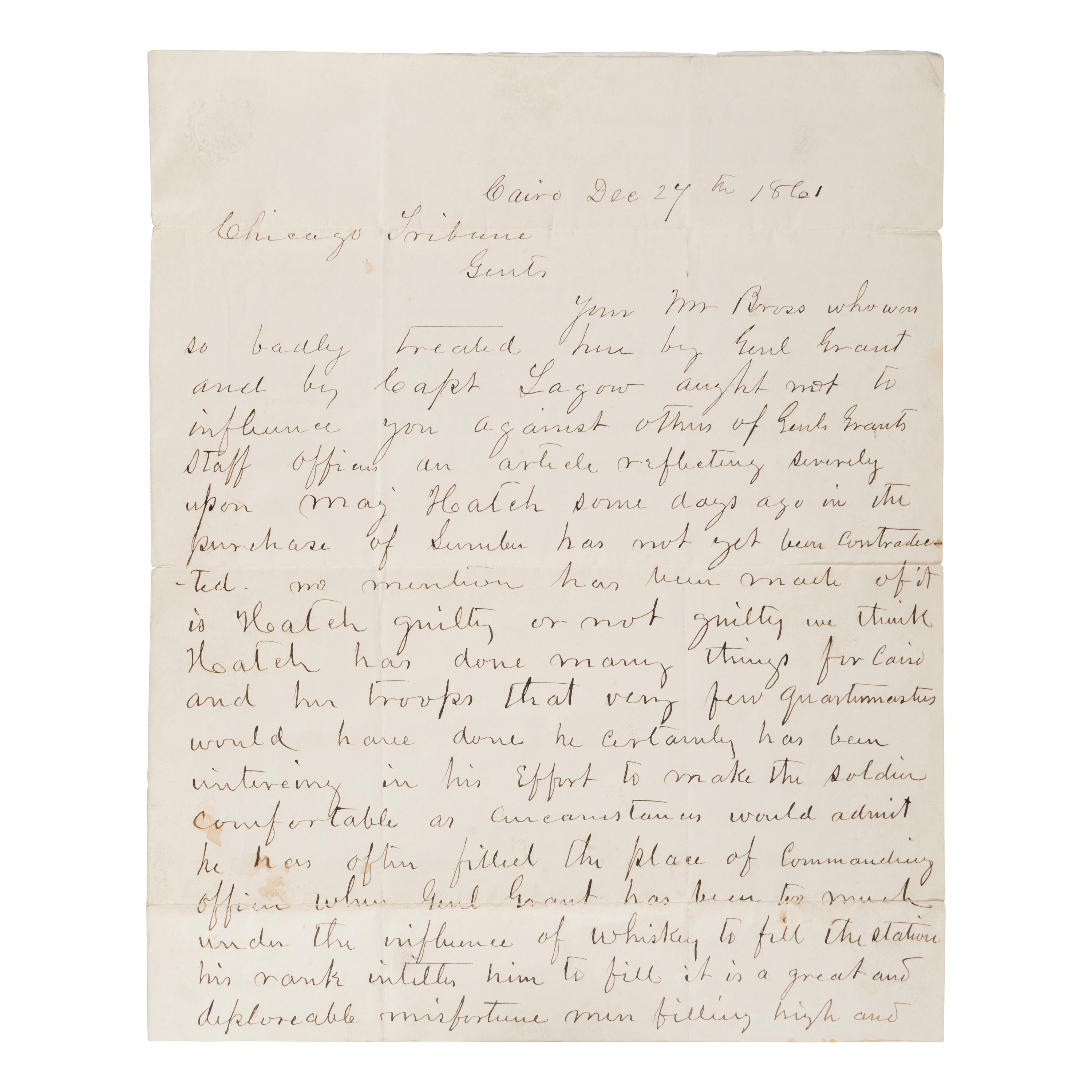 Lincoln, Abraham (1809-1865). Autograph endorsement signed ("A. Lincoln"), 8 lines, Washington, D.C., 4 January 1862, on the verso of an anonymous letter addressed to the Chicago Tribune, Cairo, Illinois, 24 December 1861.