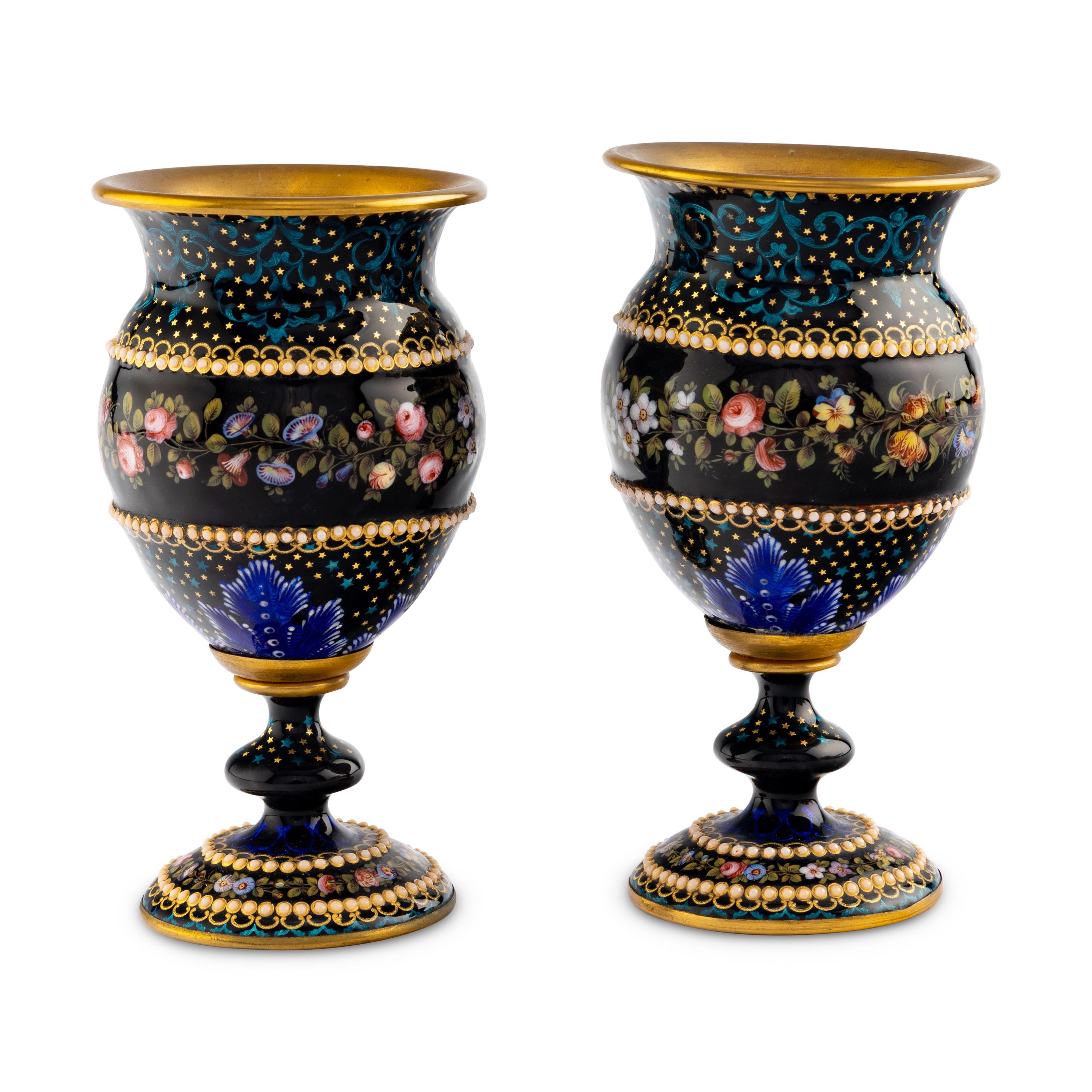 A Pair of French Enameled Copper Small Vases