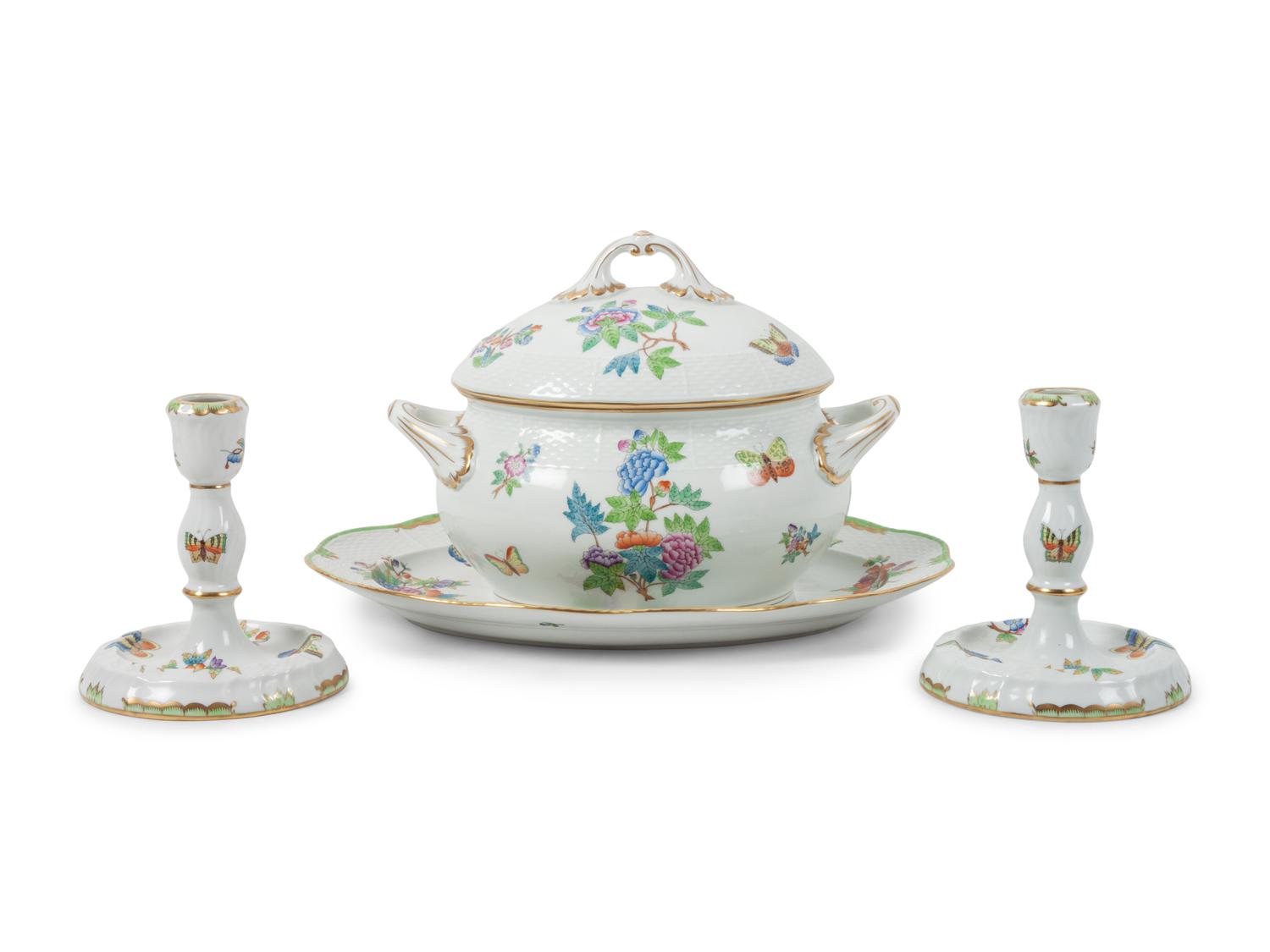 A Herend Porcelain Grouping, Including a Soup Tureen and Undertray and Two Candlesticks