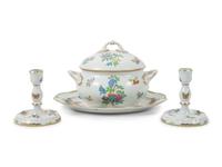 A Herend Porcelain Grouping, Including a Soup Tureen and Undertray and Two Candlesticks