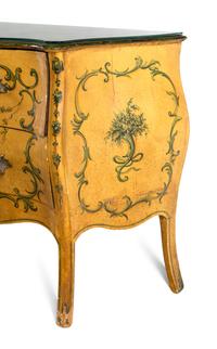 A Pair of Louis XV Style Polychrome Painted Bombé Commodes