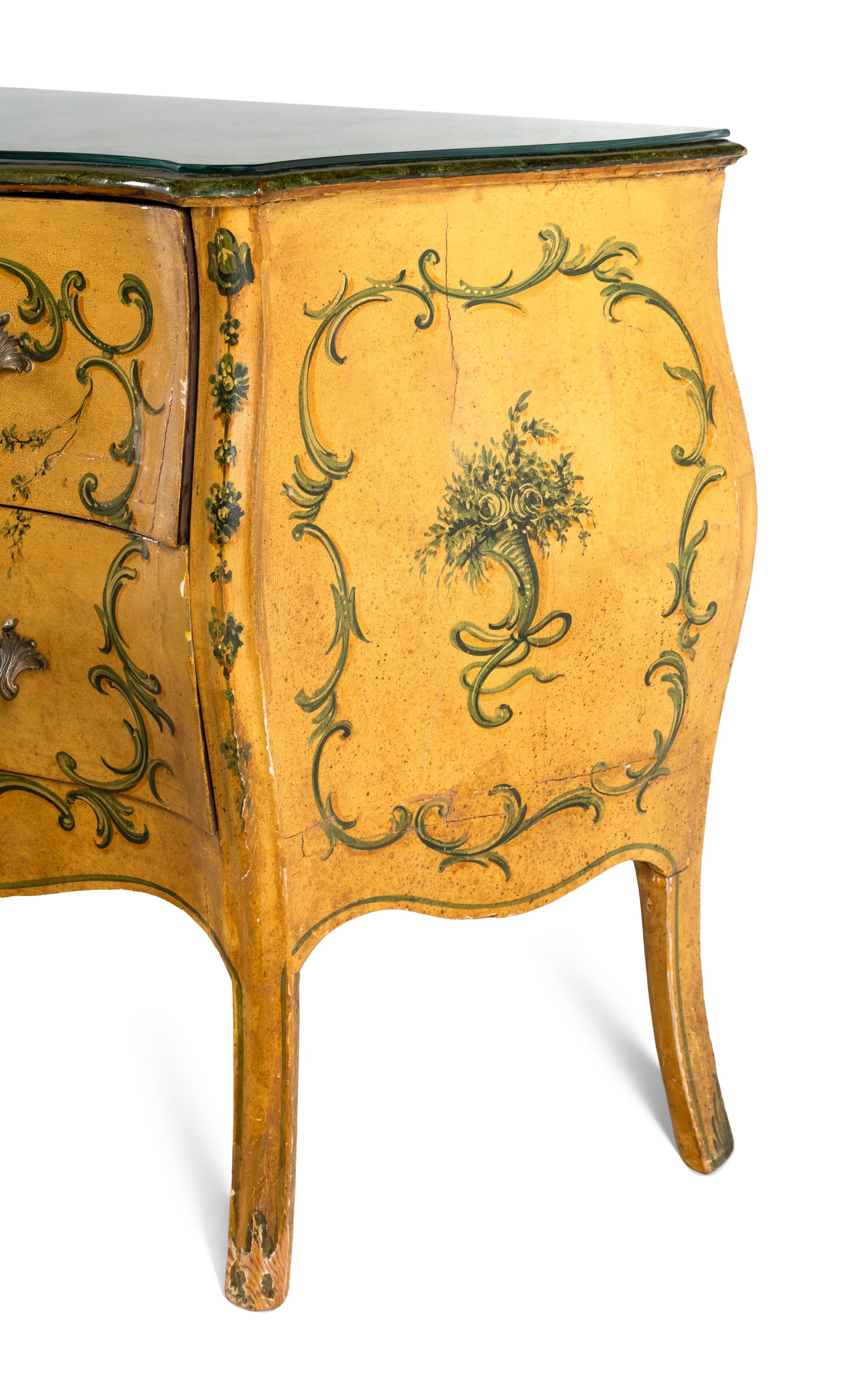A Pair of Louis XV Style Polychrome Painted Bombé Commodes