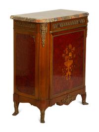 A Louis XVI Style Gilt Bronze Mounted Marquetry Marble-Top Cabinet