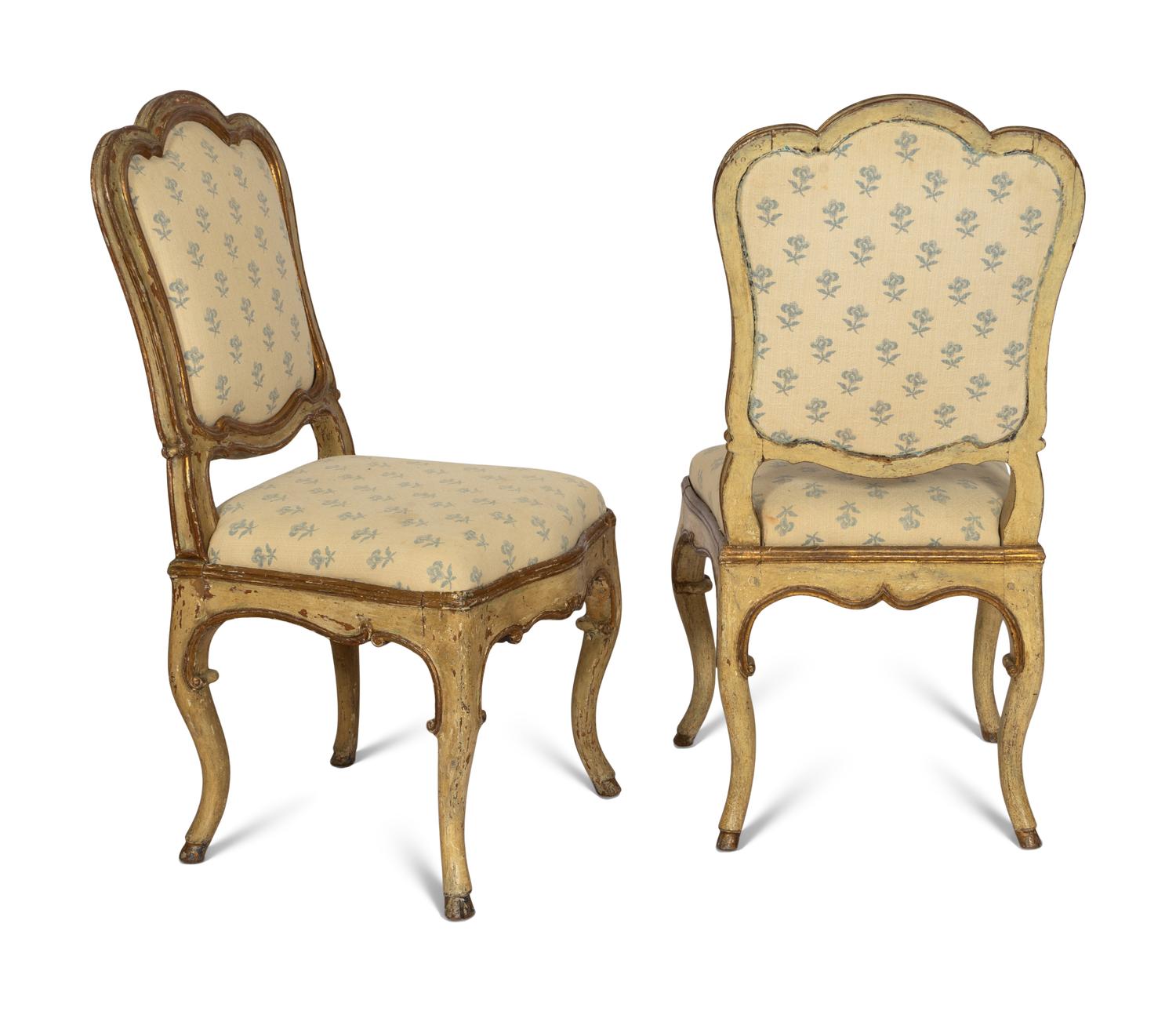 A Set of Four Venetian Rococo Cream-Painted and Parcel Gilt Dining Chairs