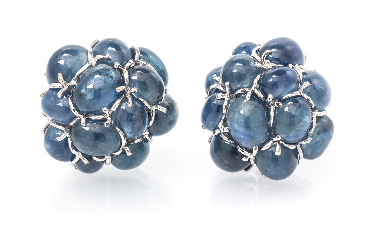A Pair of 18 Karat White Gold and Sapphire Cluster Earrings, Seaman Schepps, 24.45 dwts.
