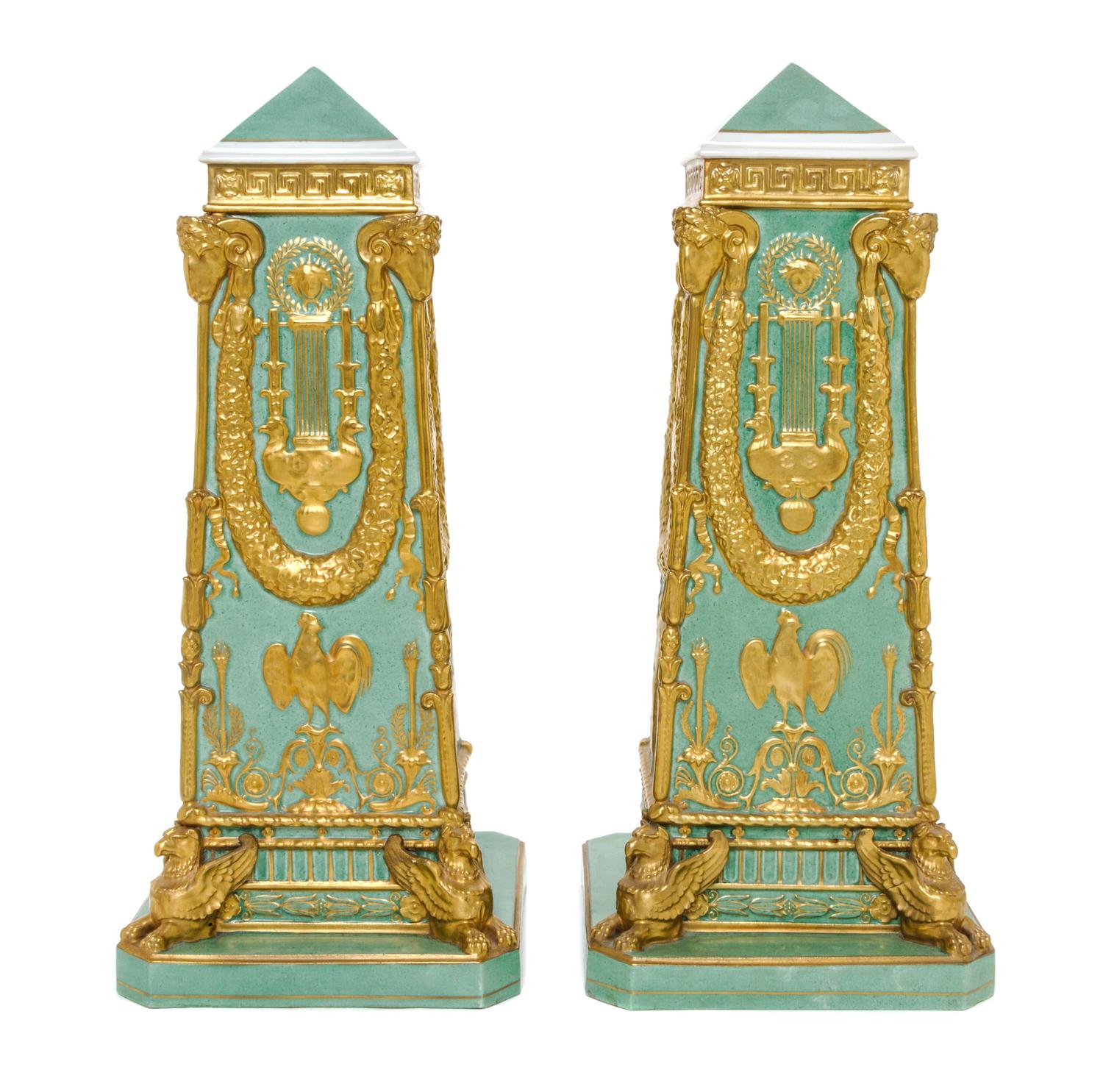 A Pair of Neoclassical Porcelain Obelisks, Height 18 1/4 inches.