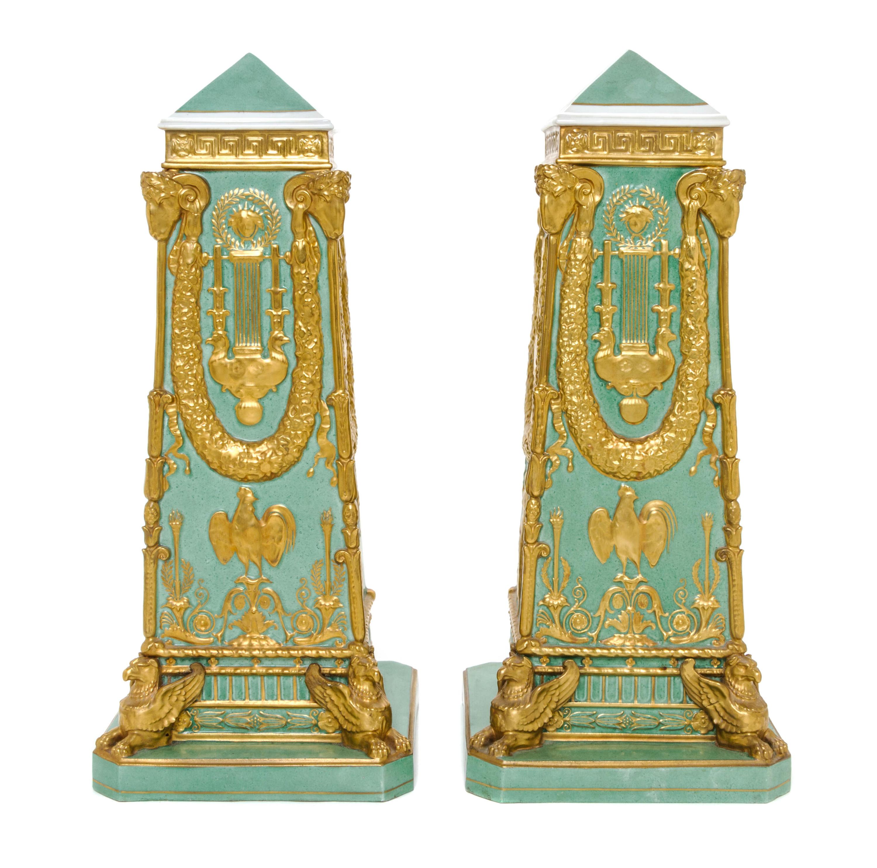 A Pair of Neoclassical Porcelain Obelisks, Height 18 1/4 inches.