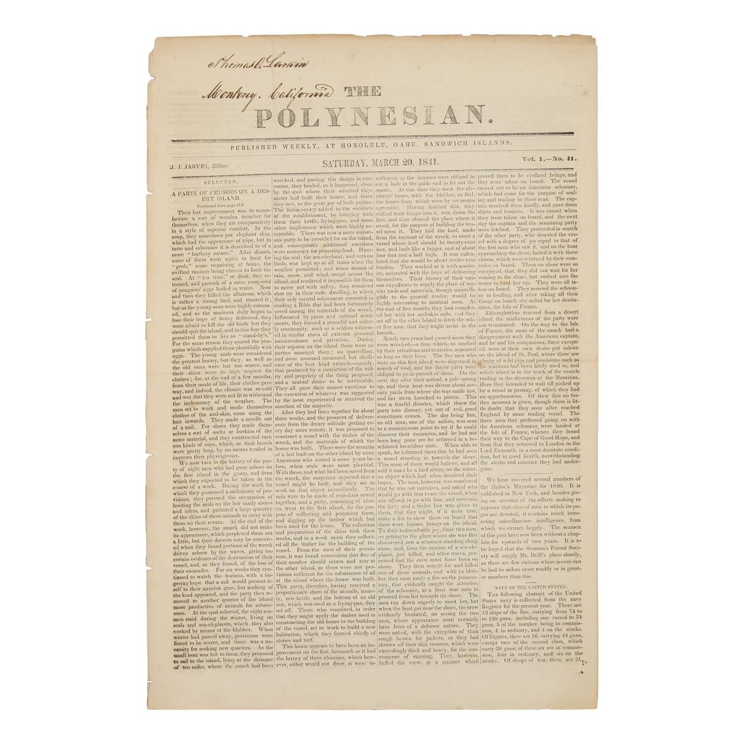 [Hawaii] An Early Hawaiian Newspaper, Sent From Hawaii to California in 1841