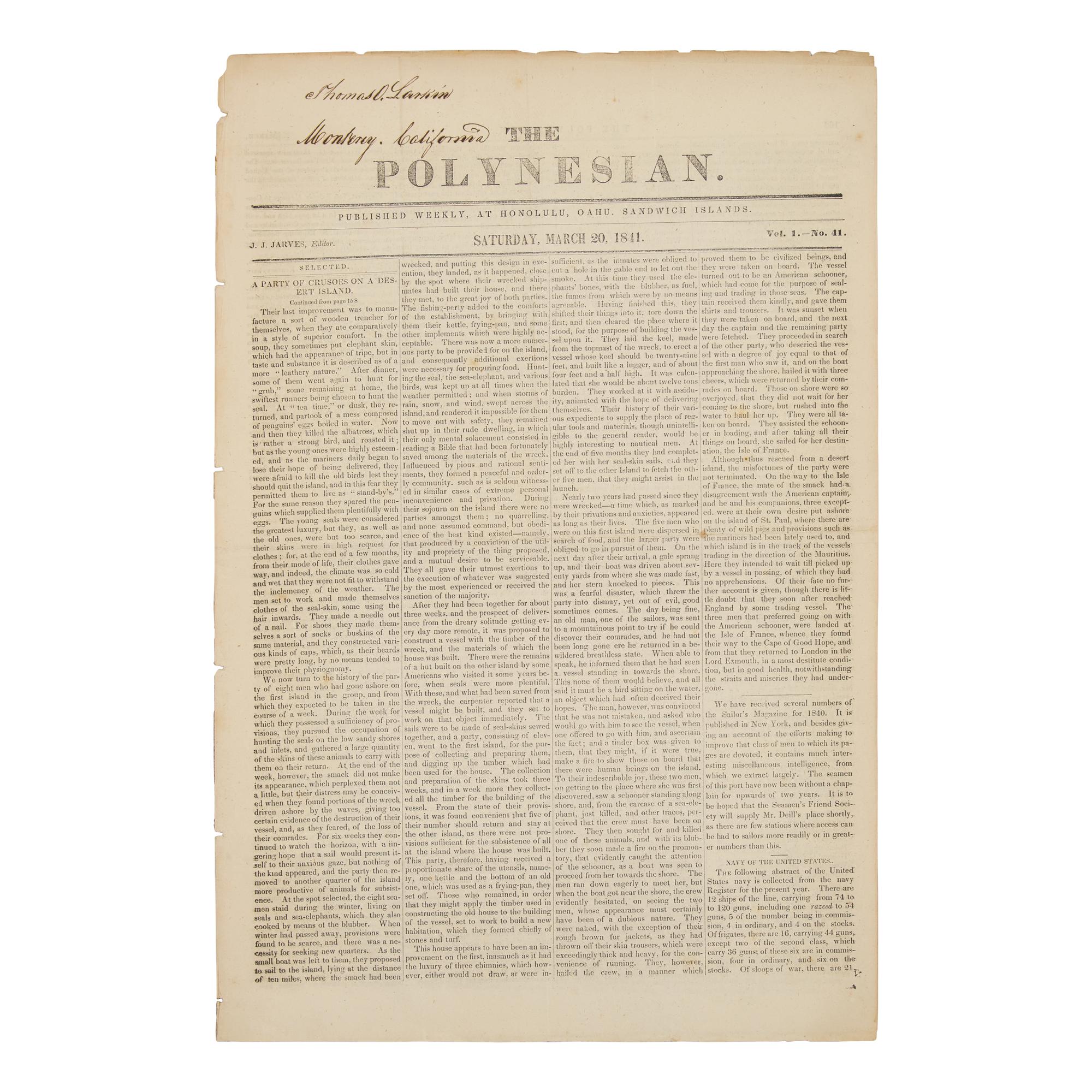 [Hawaii] An Early Hawaiian Newspaper, Sent From Hawaii to California in 1841