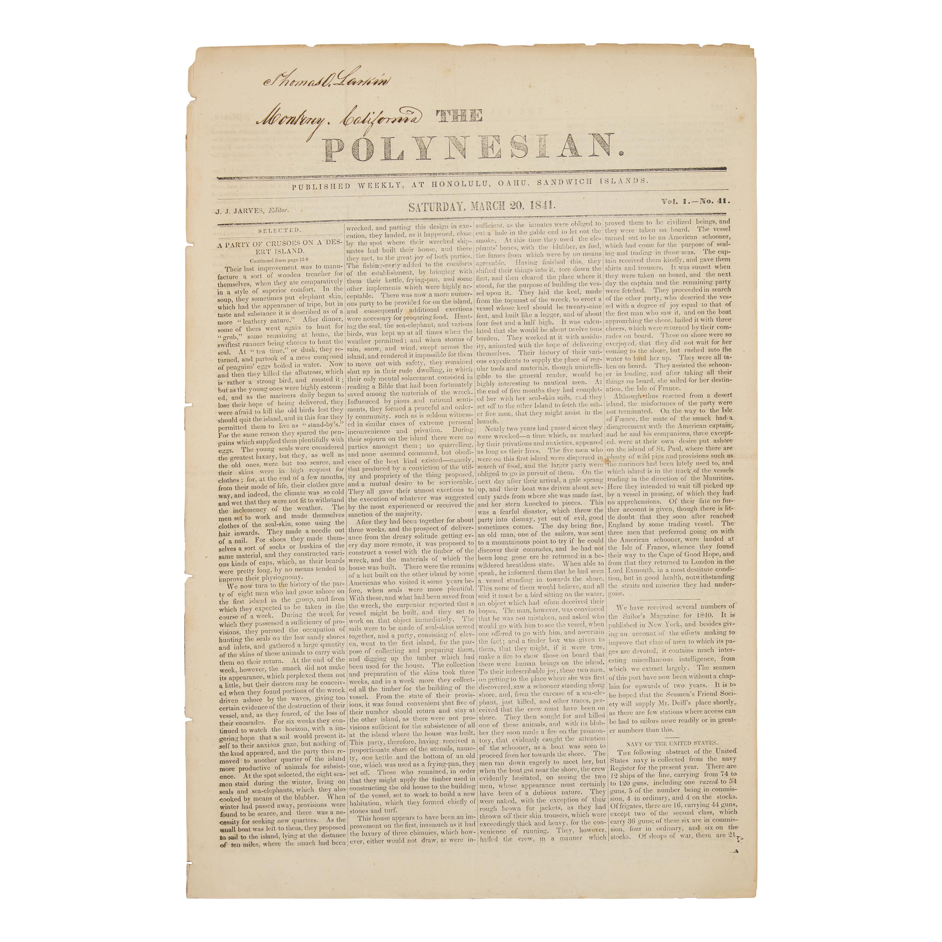 [Hawaii] An Early Hawaiian Newspaper, Sent From Hawaii to California in 1841